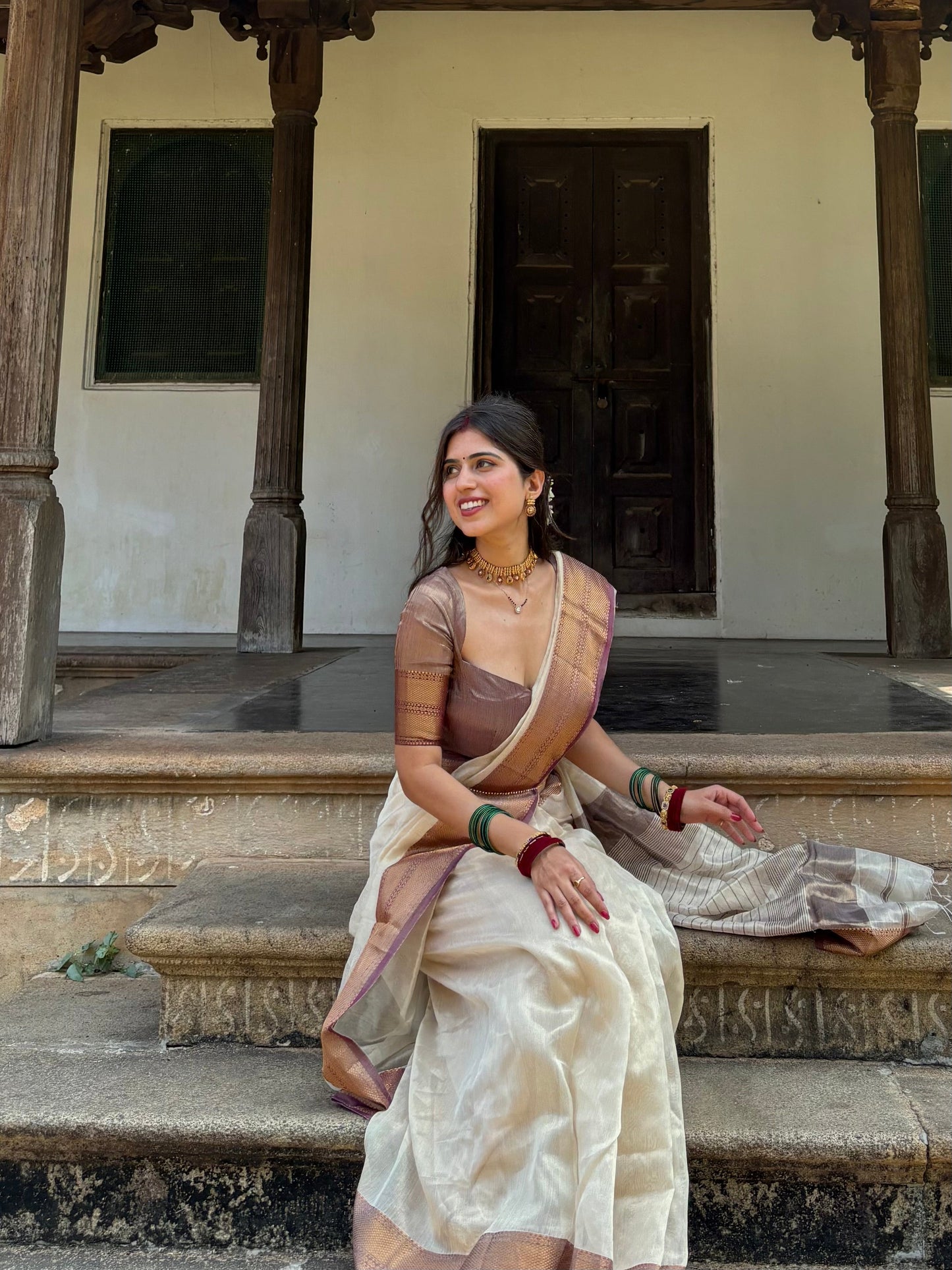 Cream & Violet Maheshwari tissue silk saree with antique gold zari border
