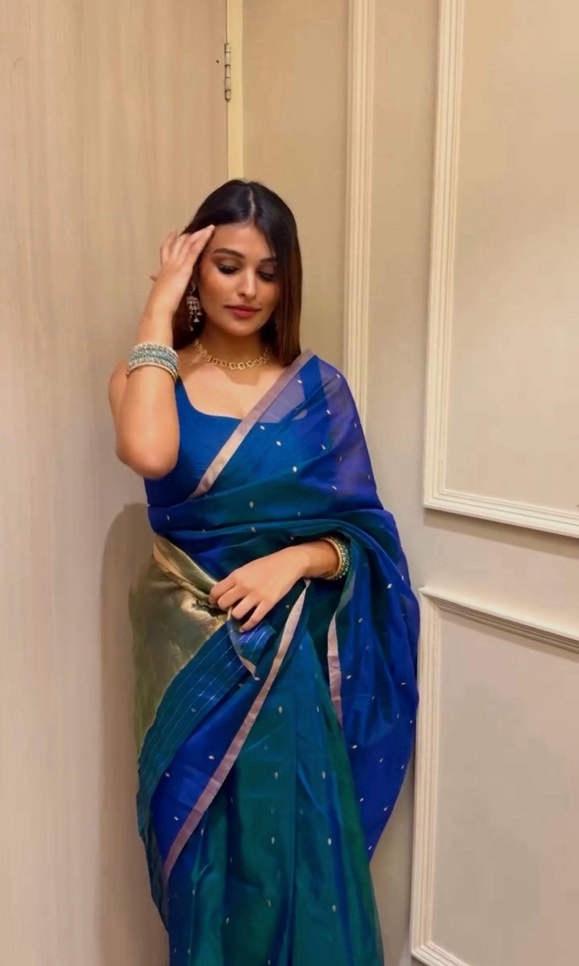 Peacock Blue & Green Dual Tone Chanderi Organza Silk Saree with Zari Bootis all over