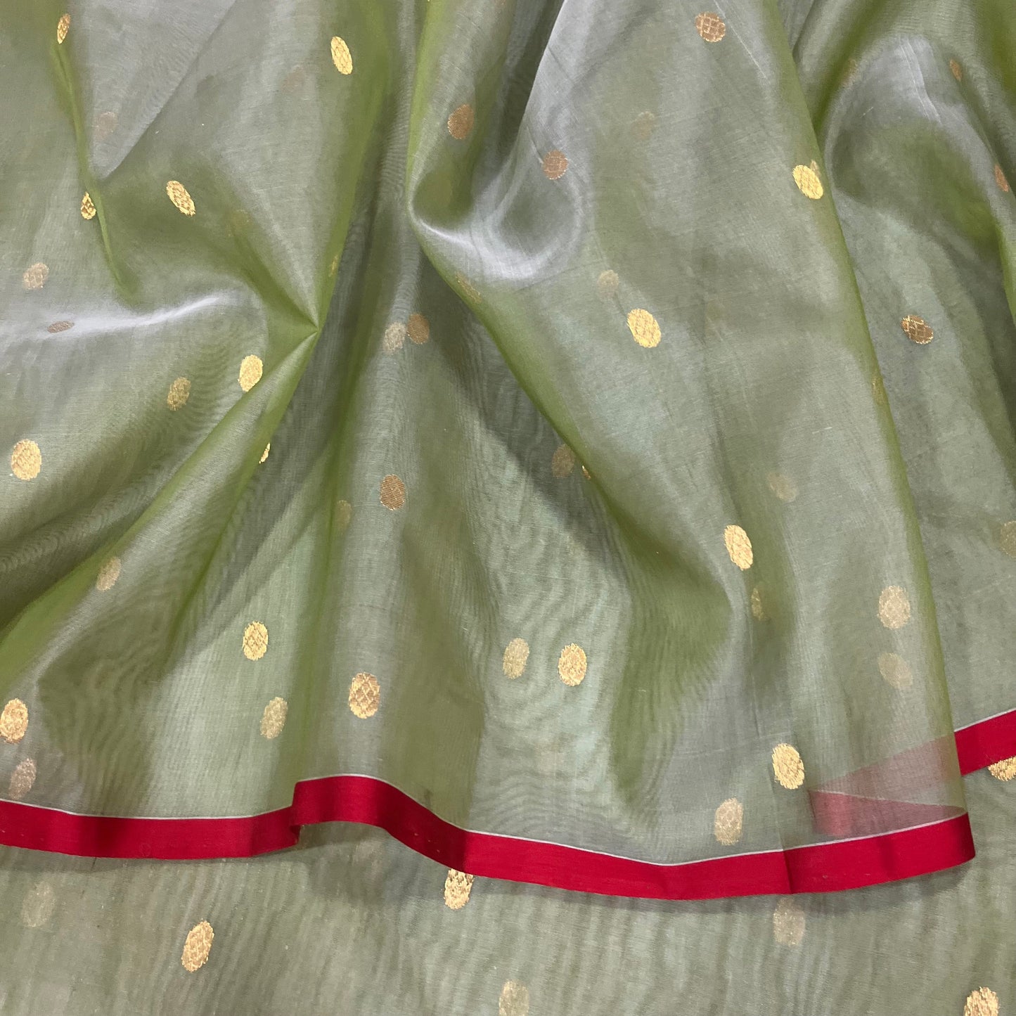 Olive gold &red Chanderi silk saree with zari bootis all over