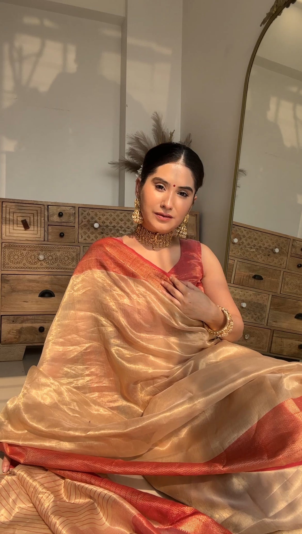 Gold & red maheshwari tissue silk saree with zari border