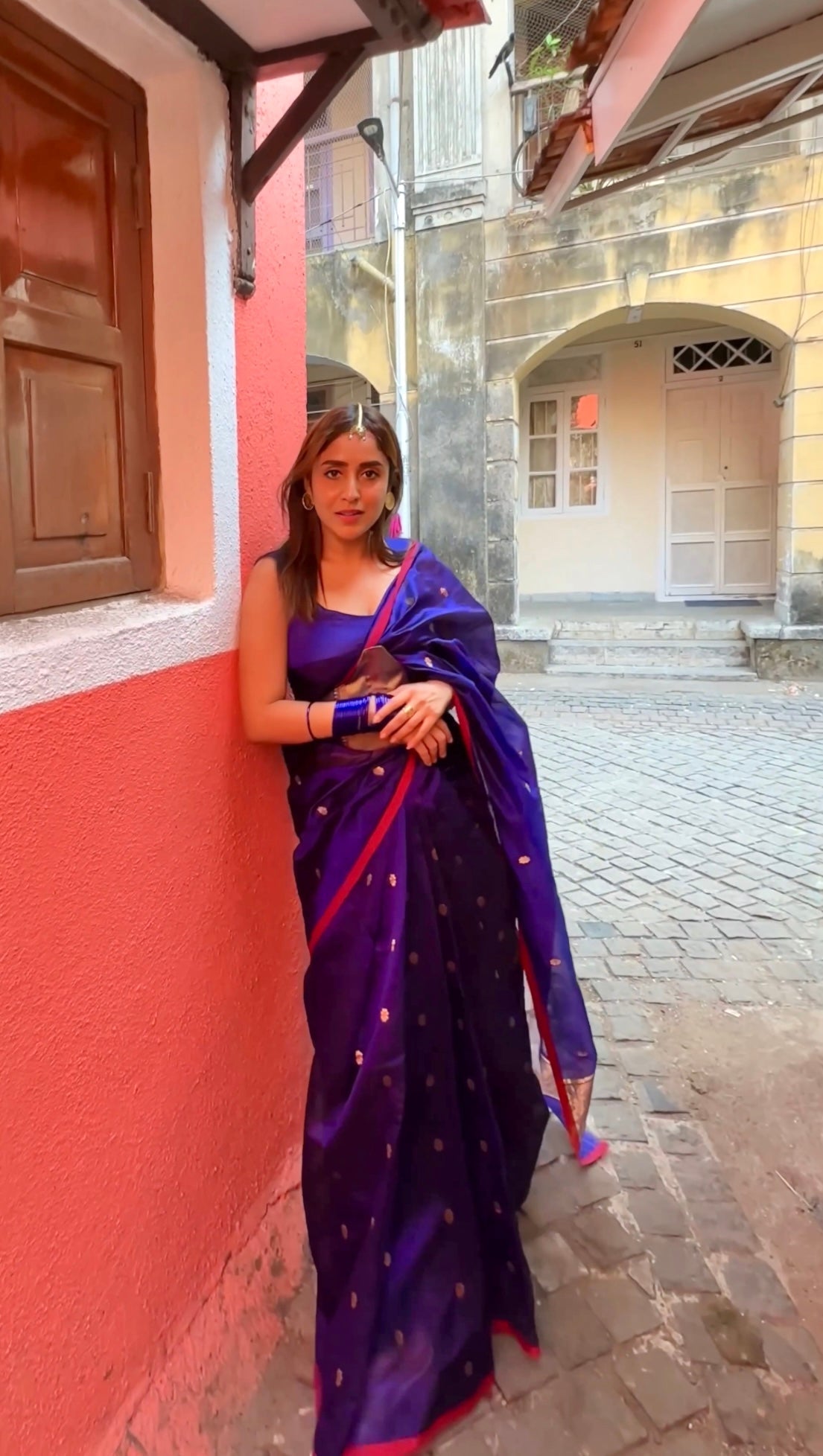 Dark blue Chanderi silk saree with flower bootis all over