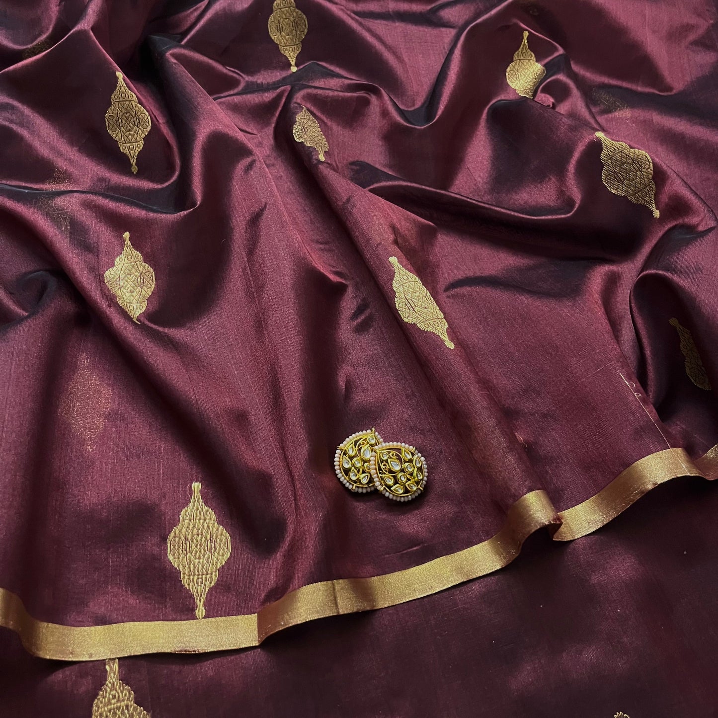 Mahogany chanderi silk saree with jhoomar motifs all over