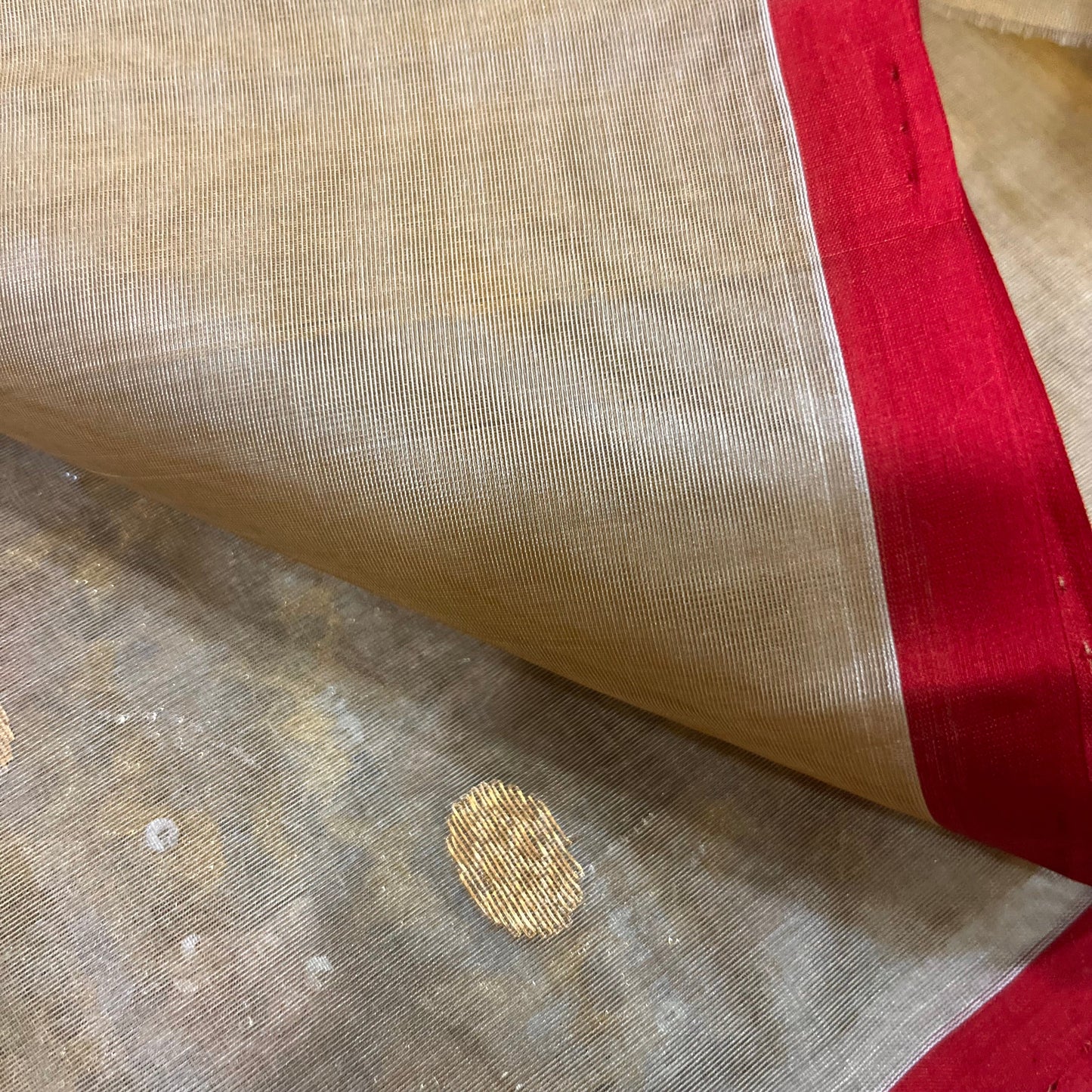 Beige gold and red Chanderi silk saree with zari bootis all over