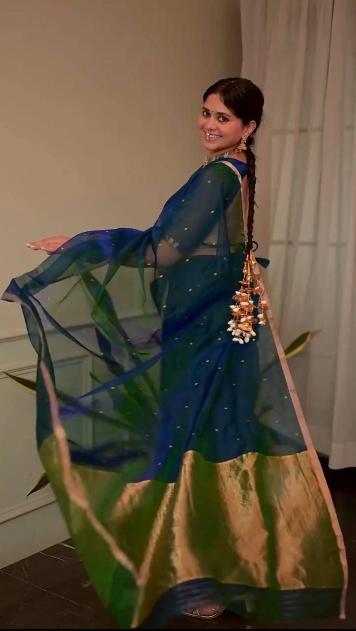 Peacock Blue & Green Dual Tone Chanderi Organza Silk Saree with Zari Bootis all over
