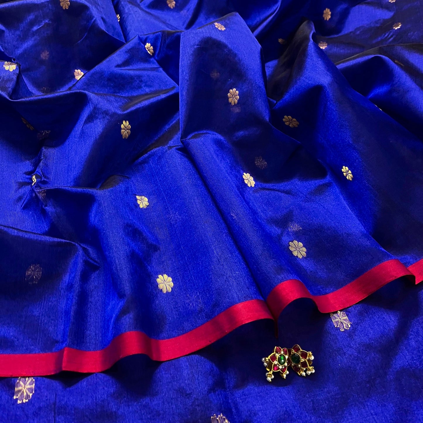 Dark blue Chanderi silk saree with flower bootis all over
