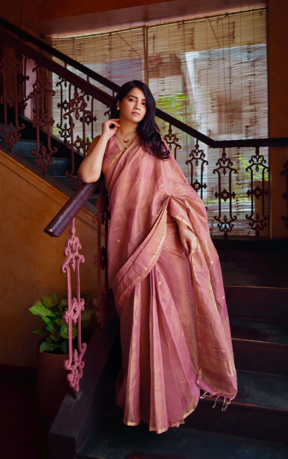 Rose and gold maheshwari tissue silk saree with zari bootis all over