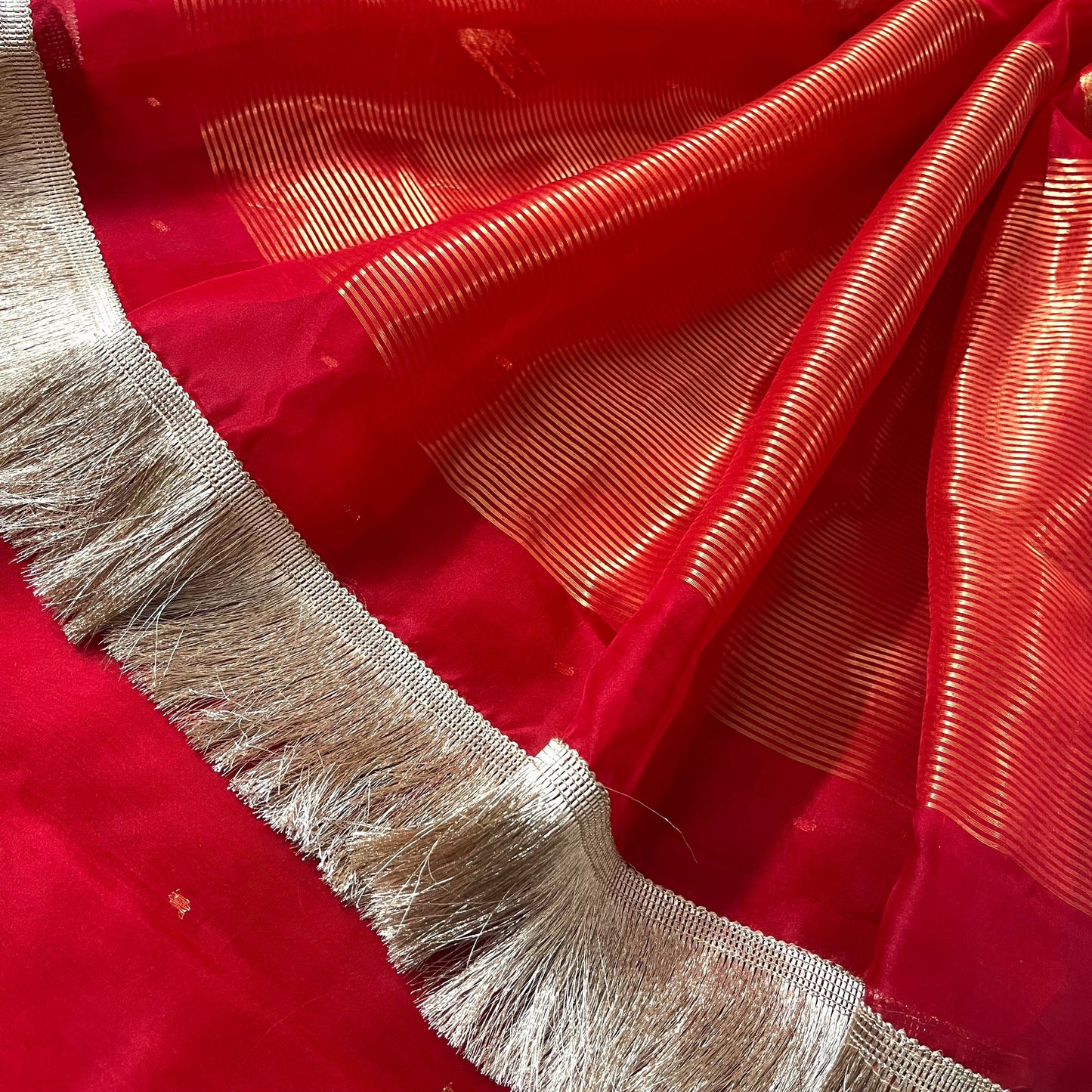 Red Chanderi saree with zari bootis and chaand bootis all over