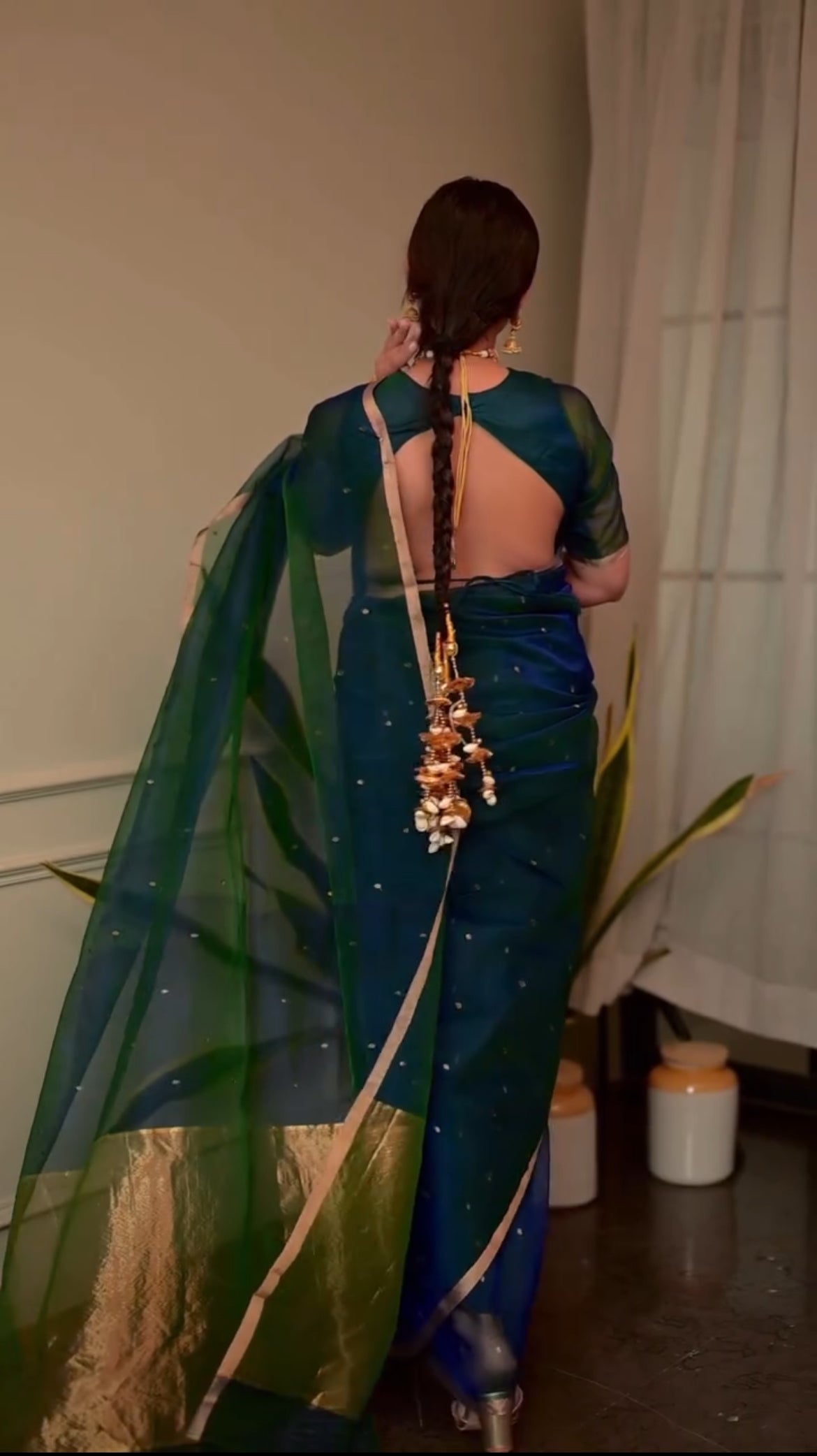 Peacock Blue & Green Dual Tone Chanderi Organza Silk Saree with Zari Bootis all over