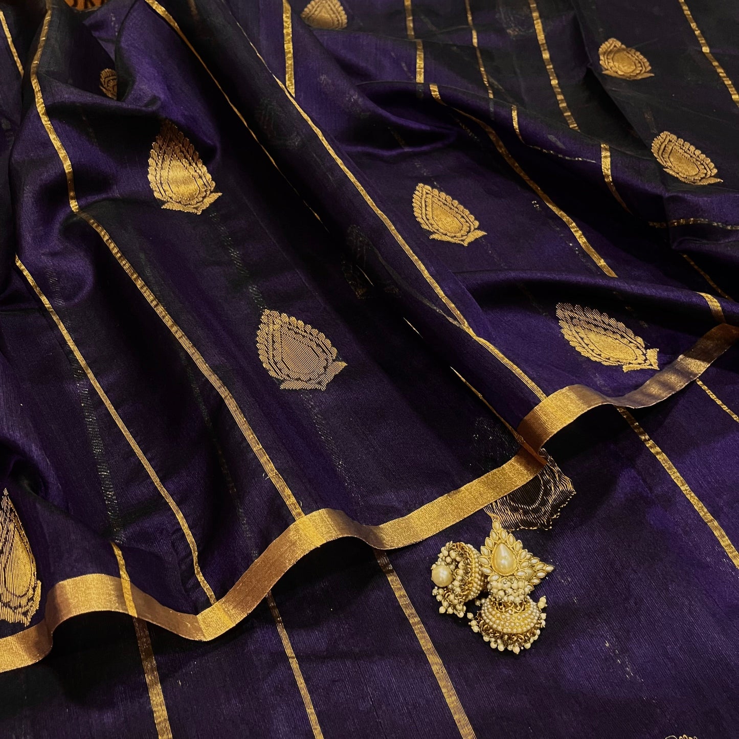 Midnight blue Chanderi silk saree with zari motifs all over
