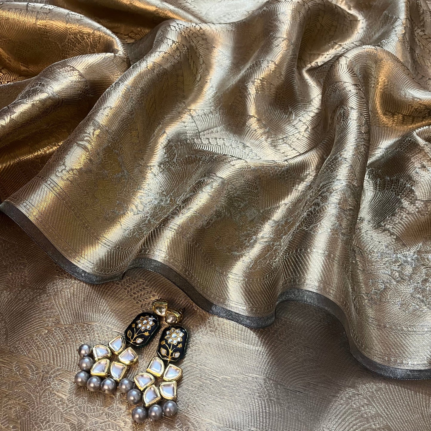 Antique gold Banarasi brocade silk saree with zari pattern all over