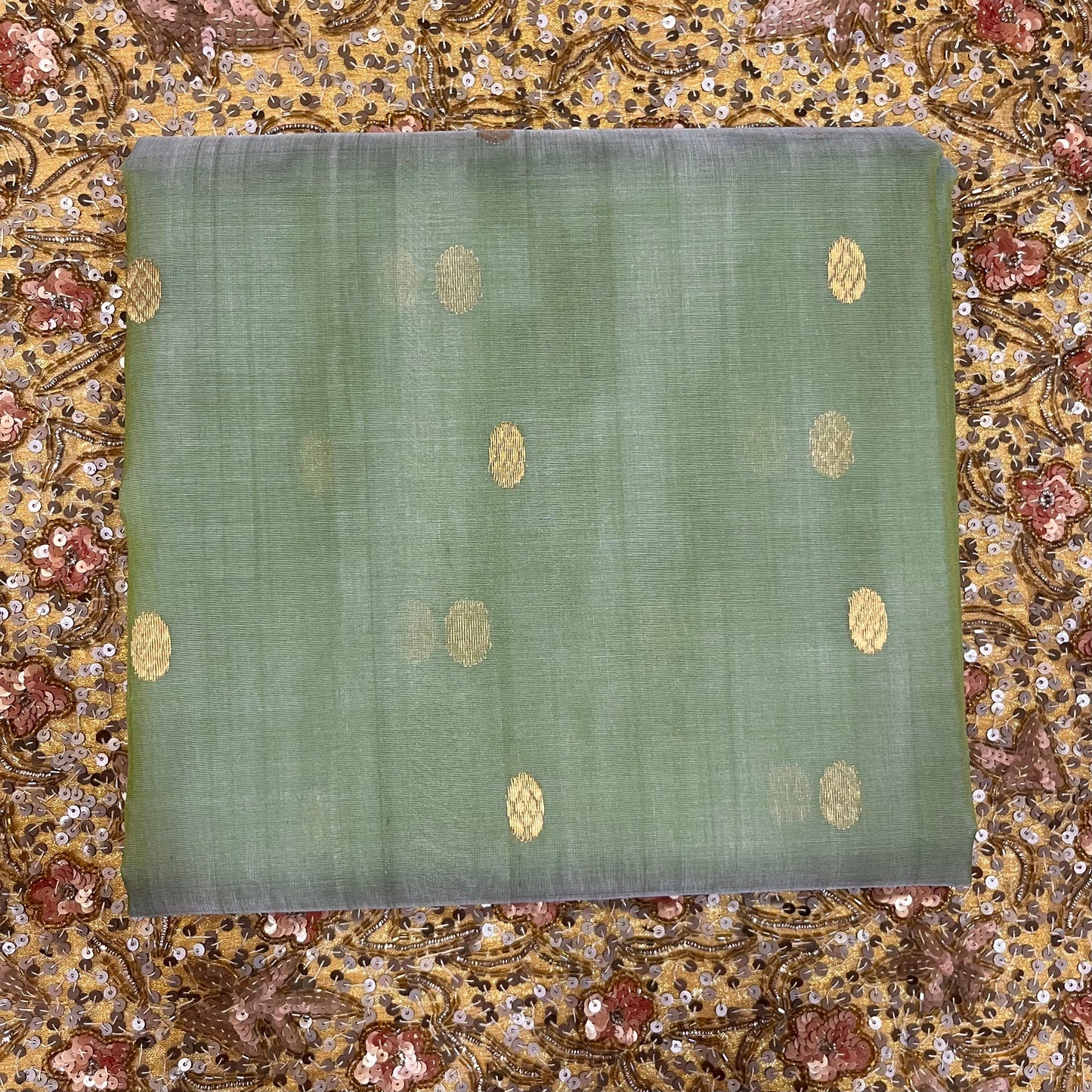 Olive gold &red Chanderi silk saree with zari bootis all over