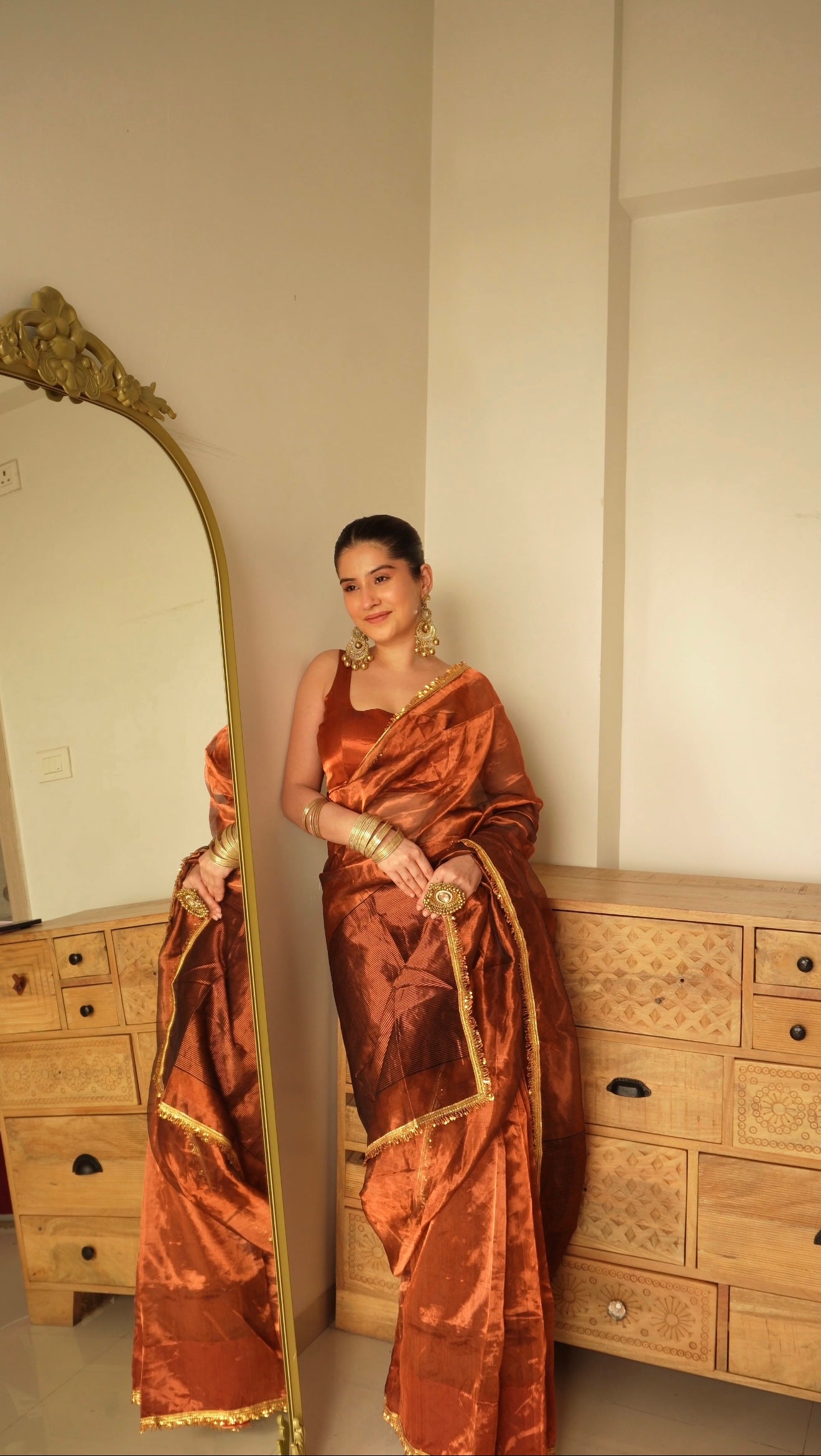 Molten Copper chanderi tissue silk saree with kiran border