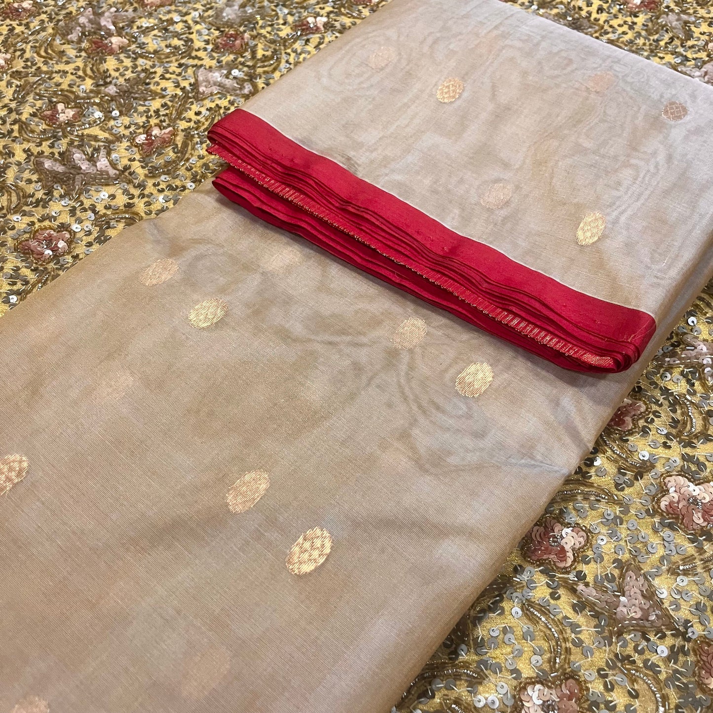 Beige gold and red Chanderi silk saree with zari bootis all over
