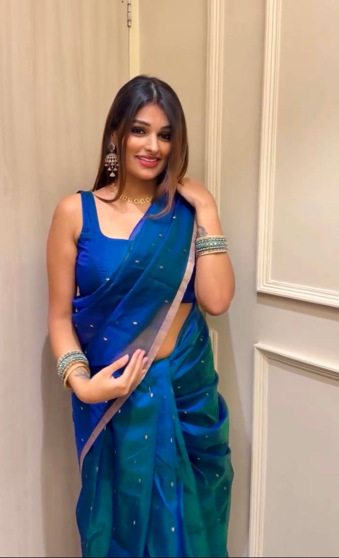 Peacock Blue & Green Dual Tone Chanderi Organza Silk Saree with Zari Bootis all over