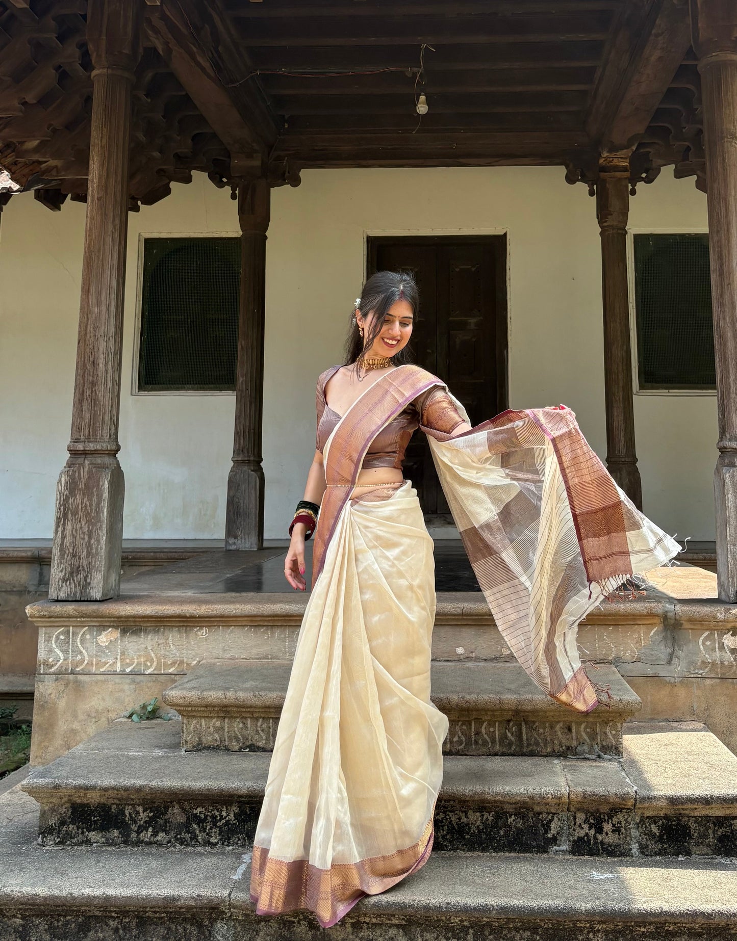 Cream & Violet Maheshwari tissue silk saree with antique gold zari border