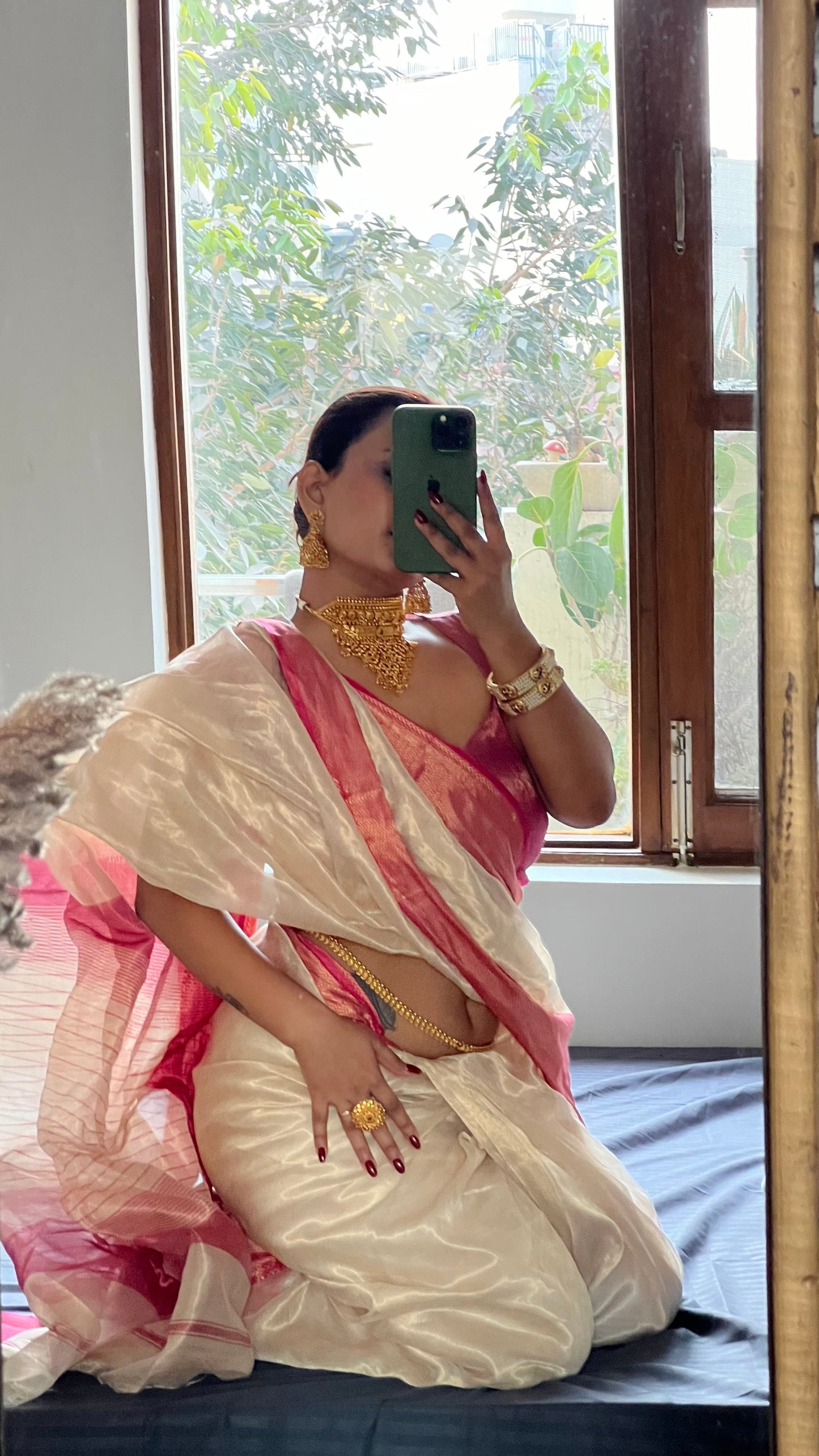 Champagne gold and pink maheshwari tissue silk saree