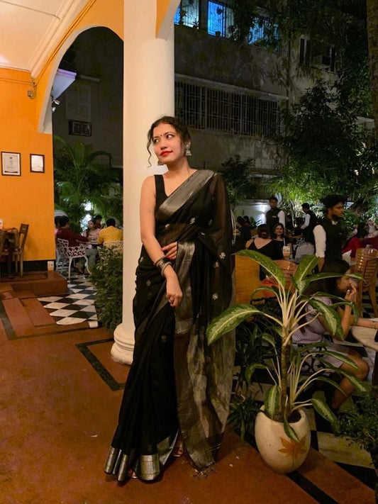 Black Maheshwari Saree with Flower Motifs all over