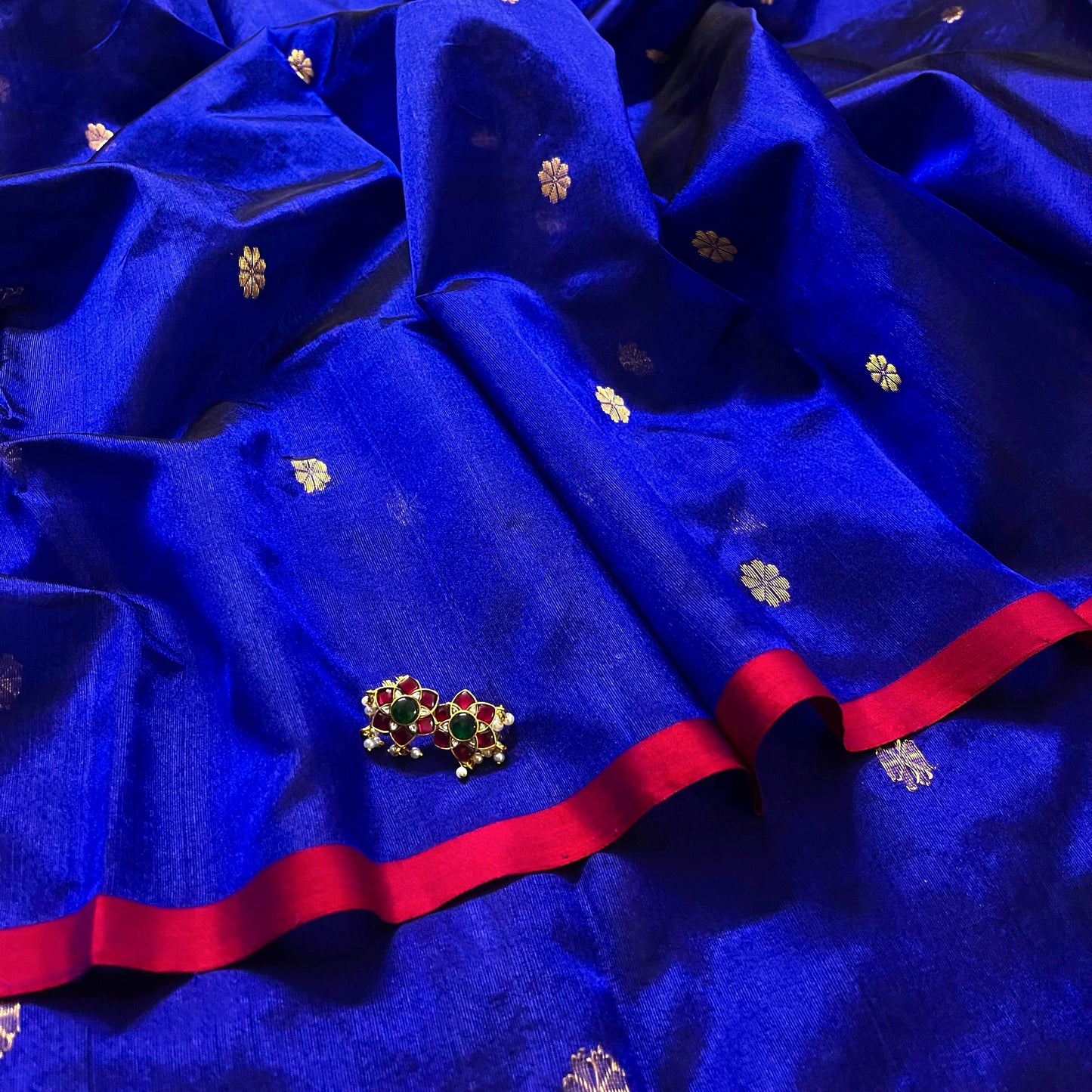 Dark blue Chanderi silk saree with flower bootis all over