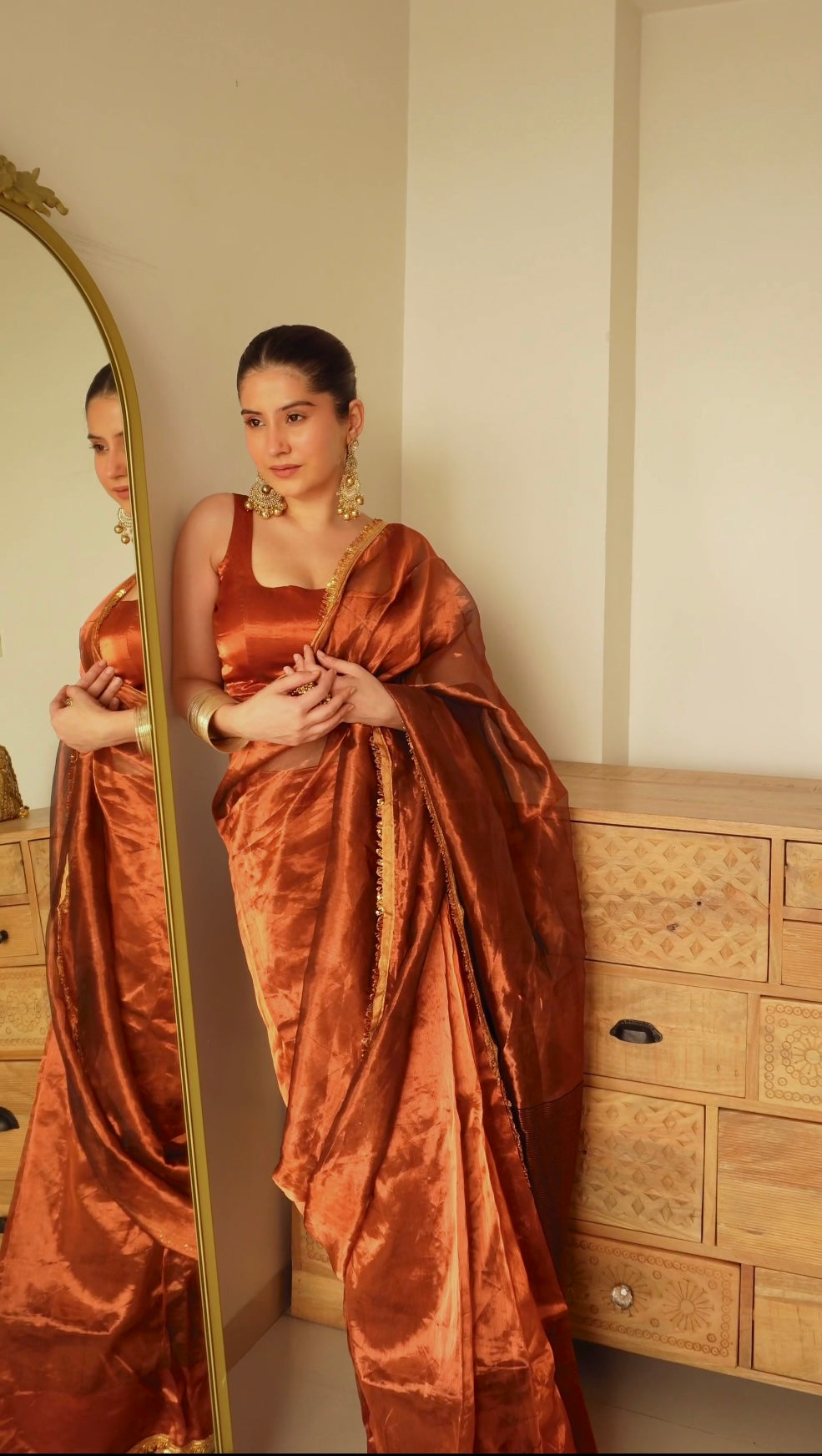 Molten Copper chanderi tissue silk saree with kiran border