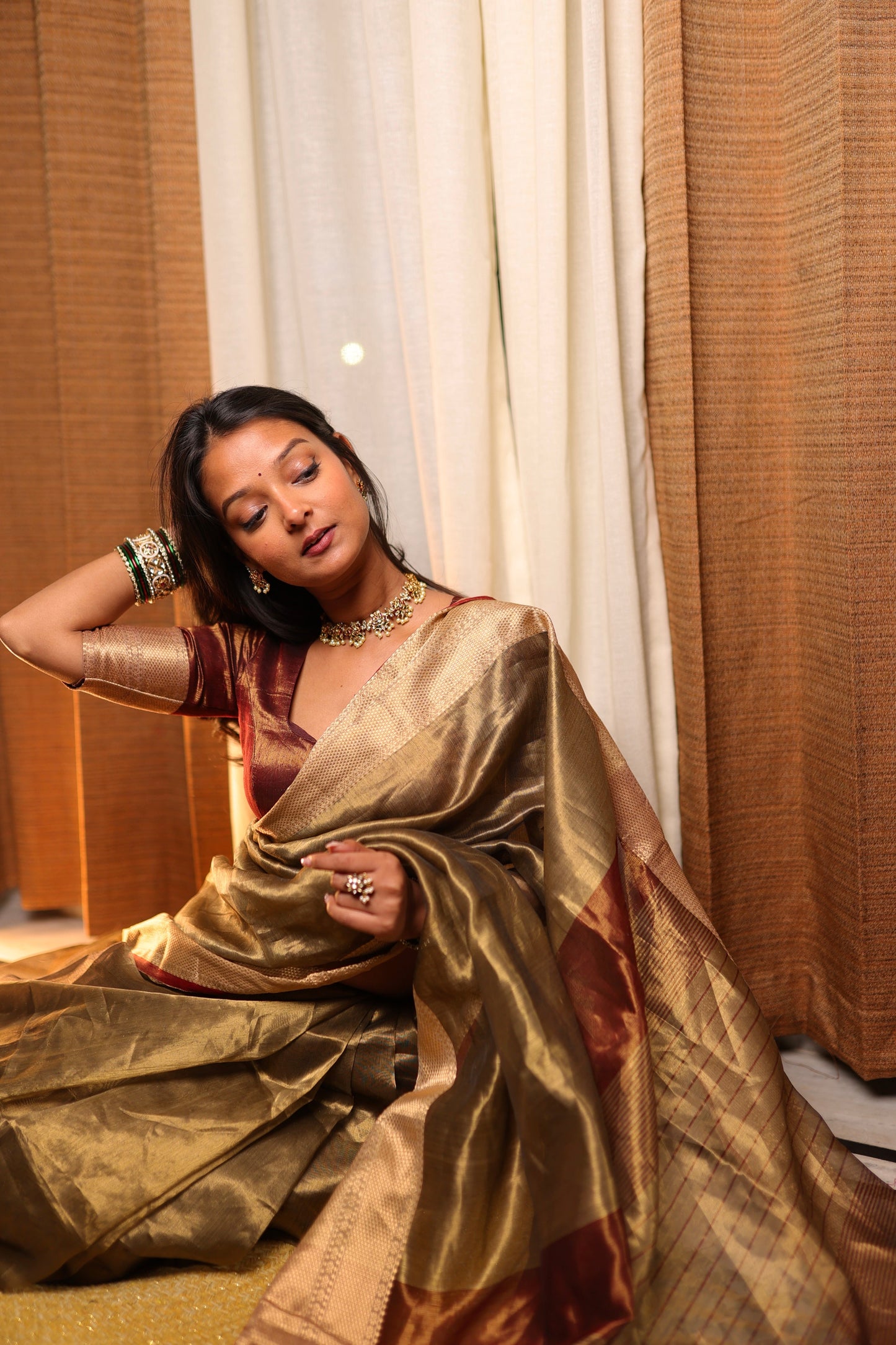 Antique Gold & Red Maheshwari Tissue Silk Saree with Zari Pattern on Pallu