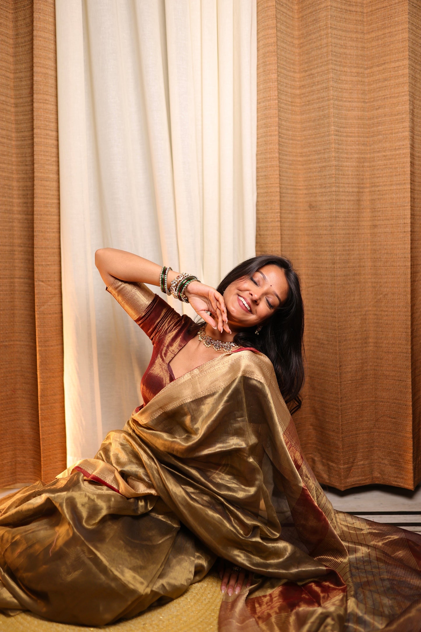 Antique Gold & Red Maheshwari Tissue Silk Saree with Zari Pattern on Pallu