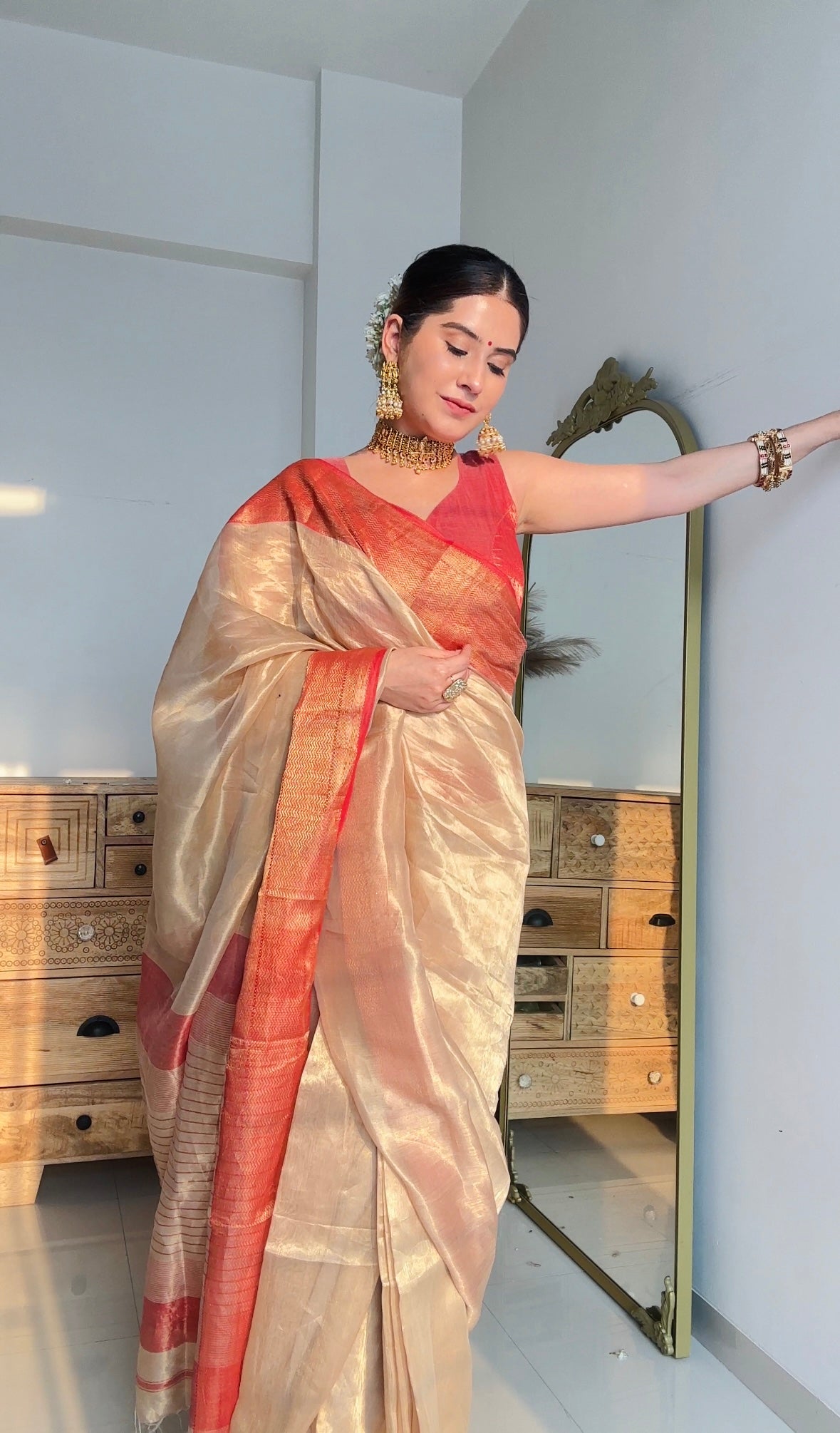 Gold & red maheshwari tissue silk saree with zari border