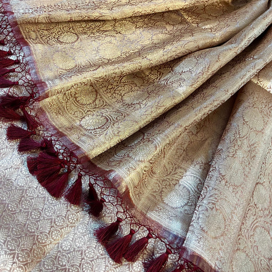 Champagne & Red Banarasi Brocade silk saree with zari pattern all over