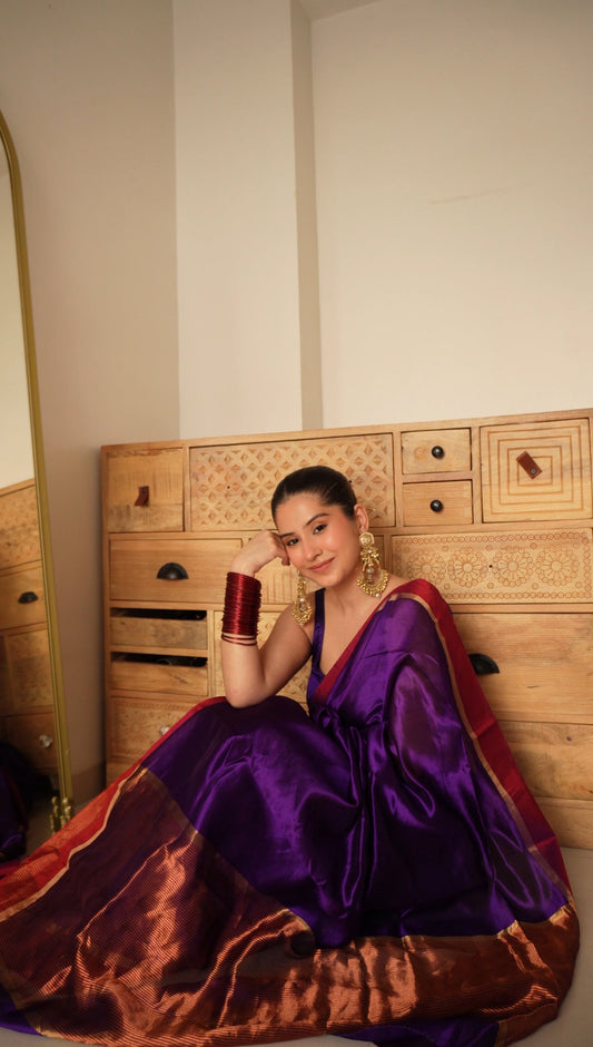 Dark Purple Plum Chanderi silk saree with zari lines on pallu