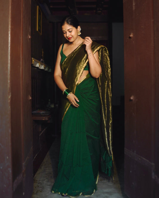 Dark Green & Gold Maheshwari Saree with Zari Border