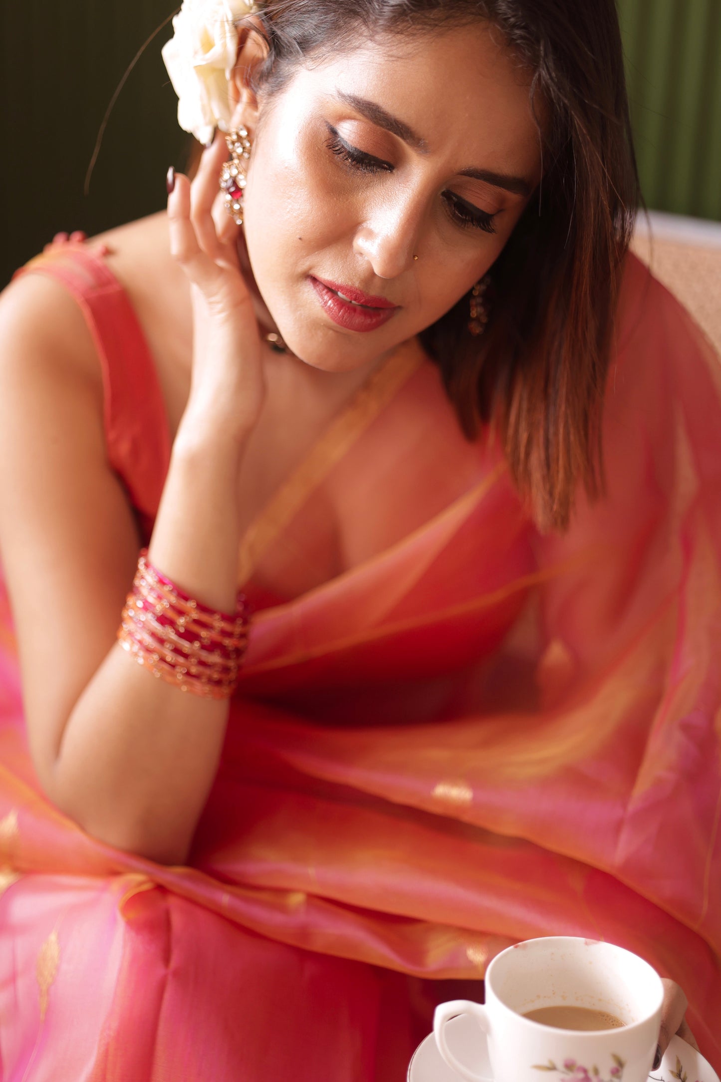 Coral pink dual tone Chanderi organza silk saree with jhumka motifs all over
