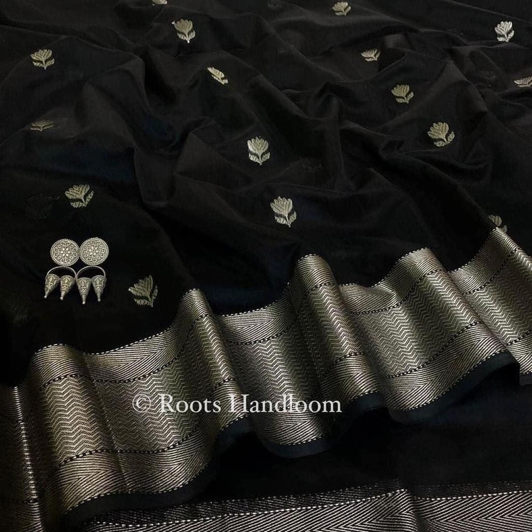 Black Maheshwari Saree with Flower Motifs all over