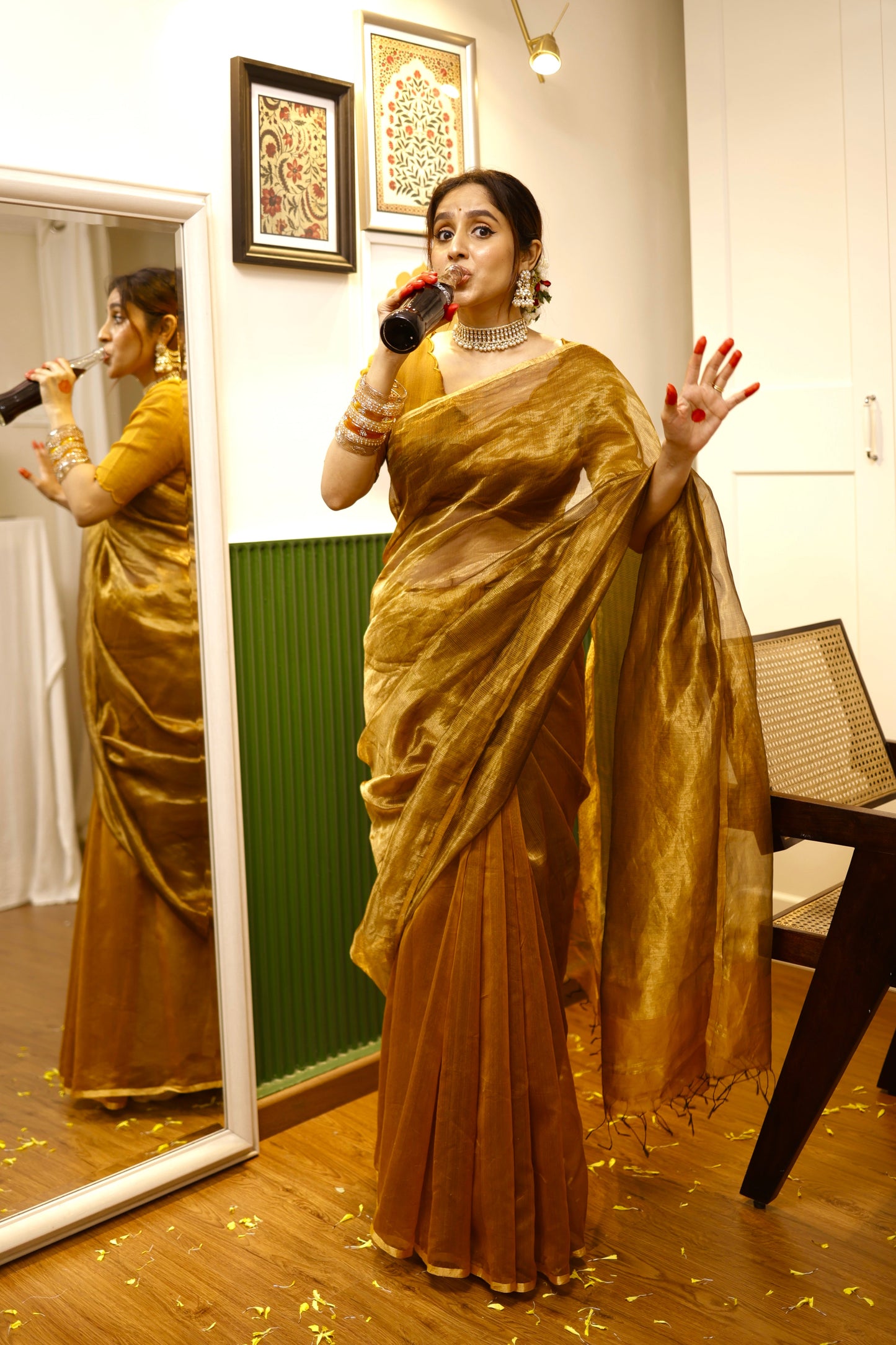 Mustard and gold maheshwari saree with zari border