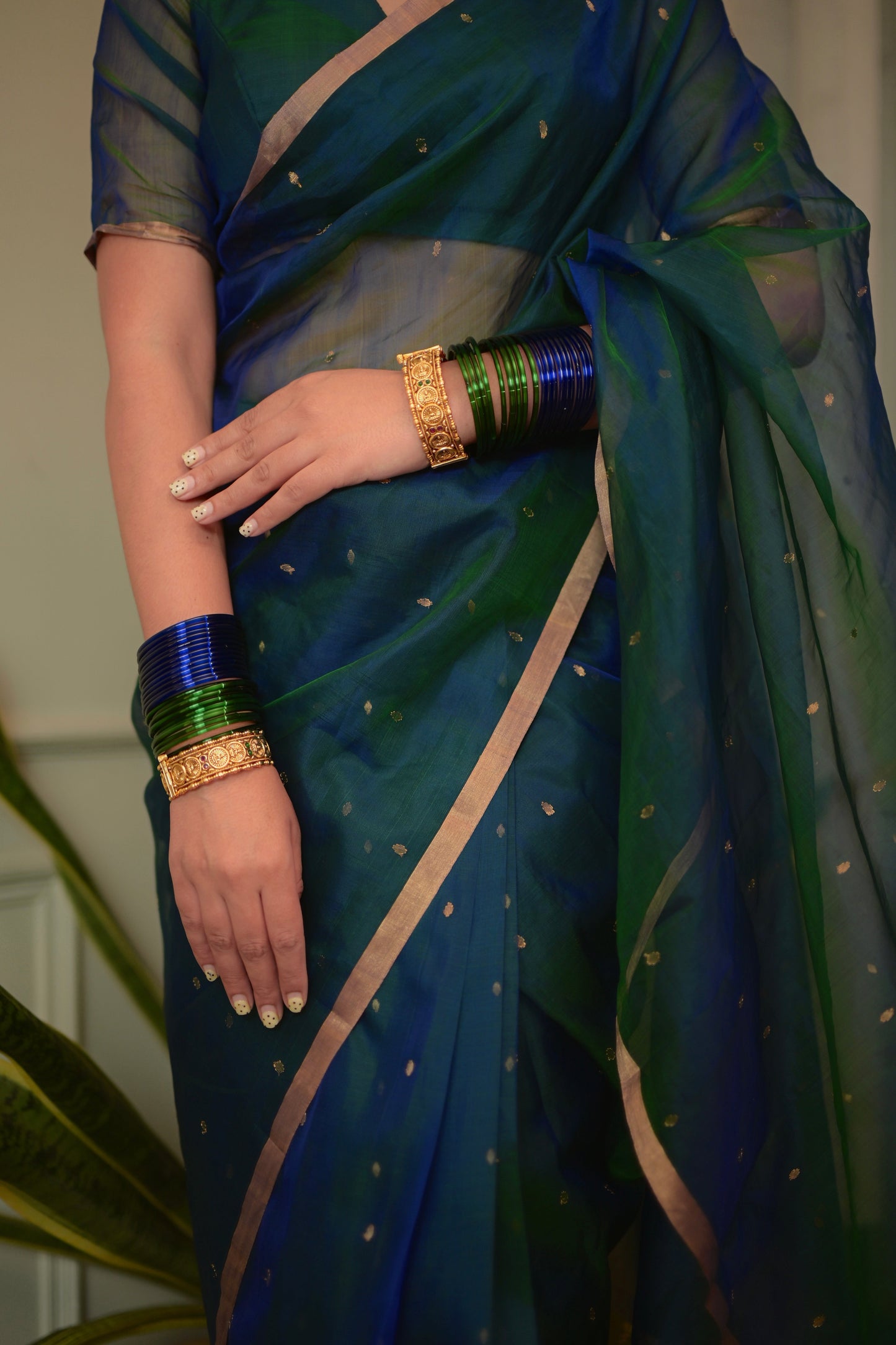 Peacock Blue & Green Dual Tone Chanderi Organza Silk Saree with Zari Bootis all over
