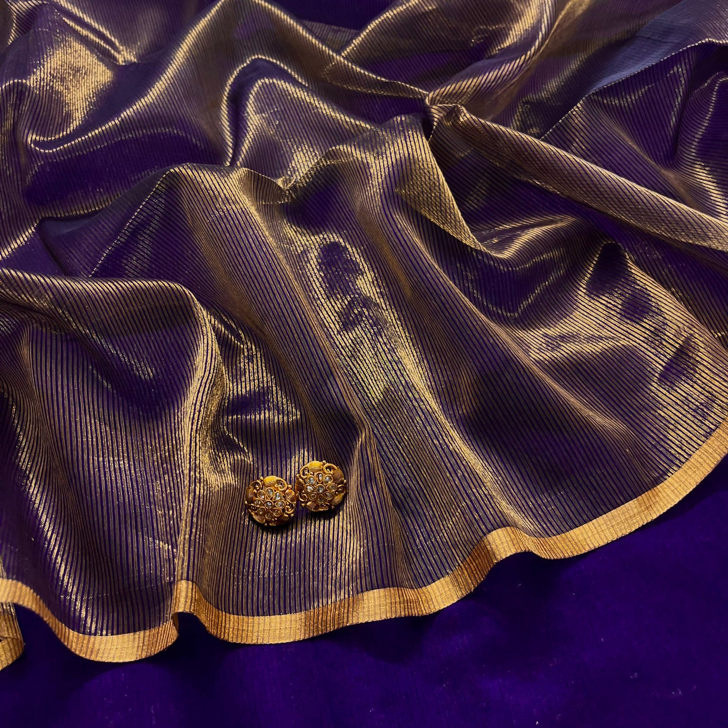 Dark purple and gold maheshwari saree with zari border