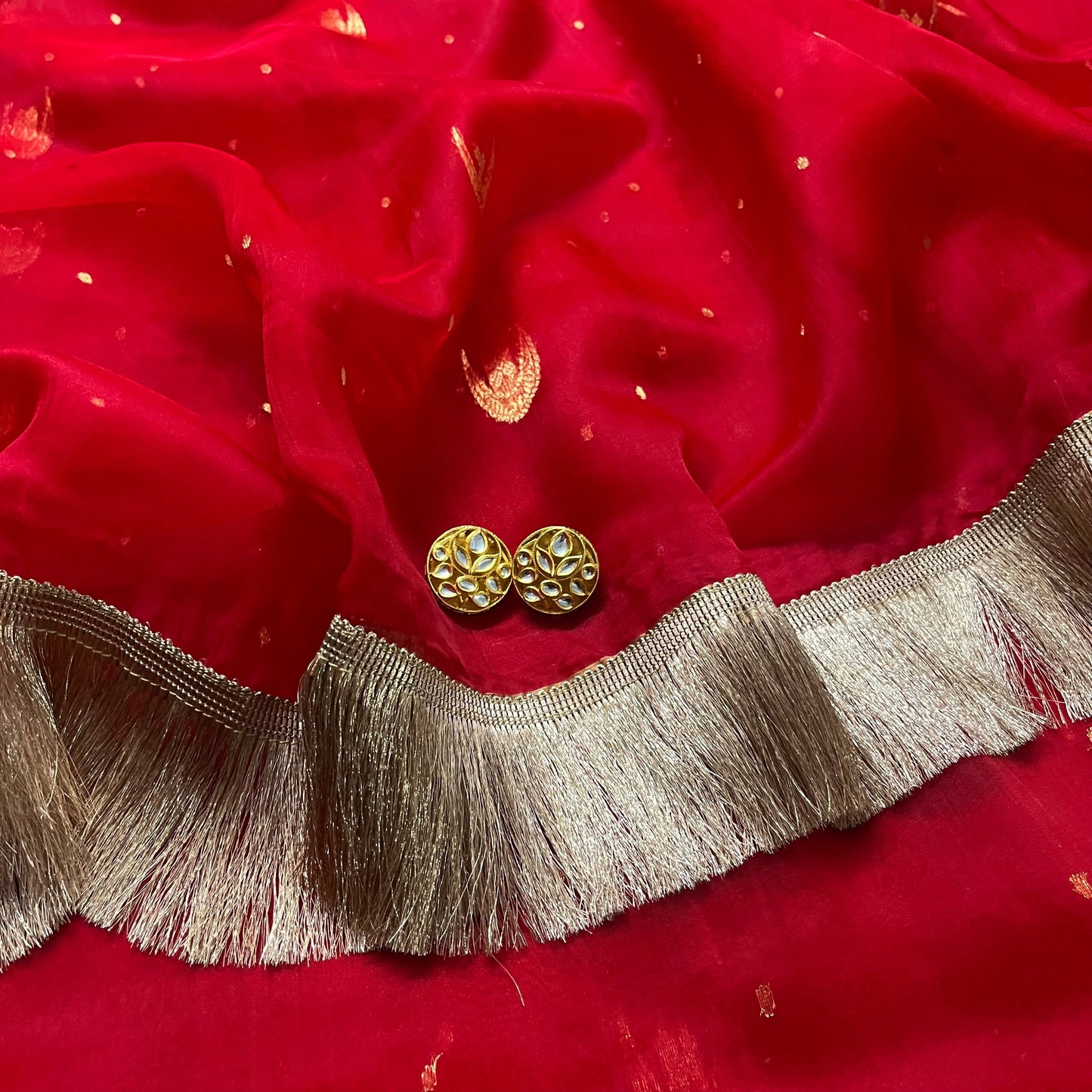 Red Chanderi saree with zari bootis and chaand bootis all over
