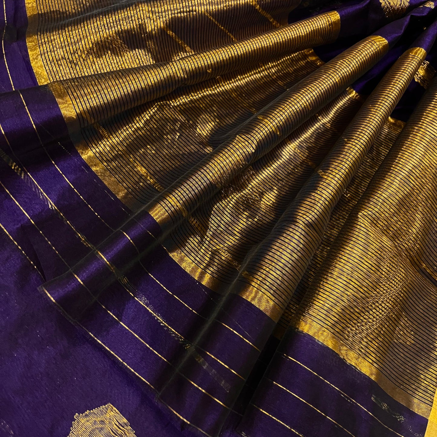 Midnight blue Chanderi silk saree with zari motifs all over