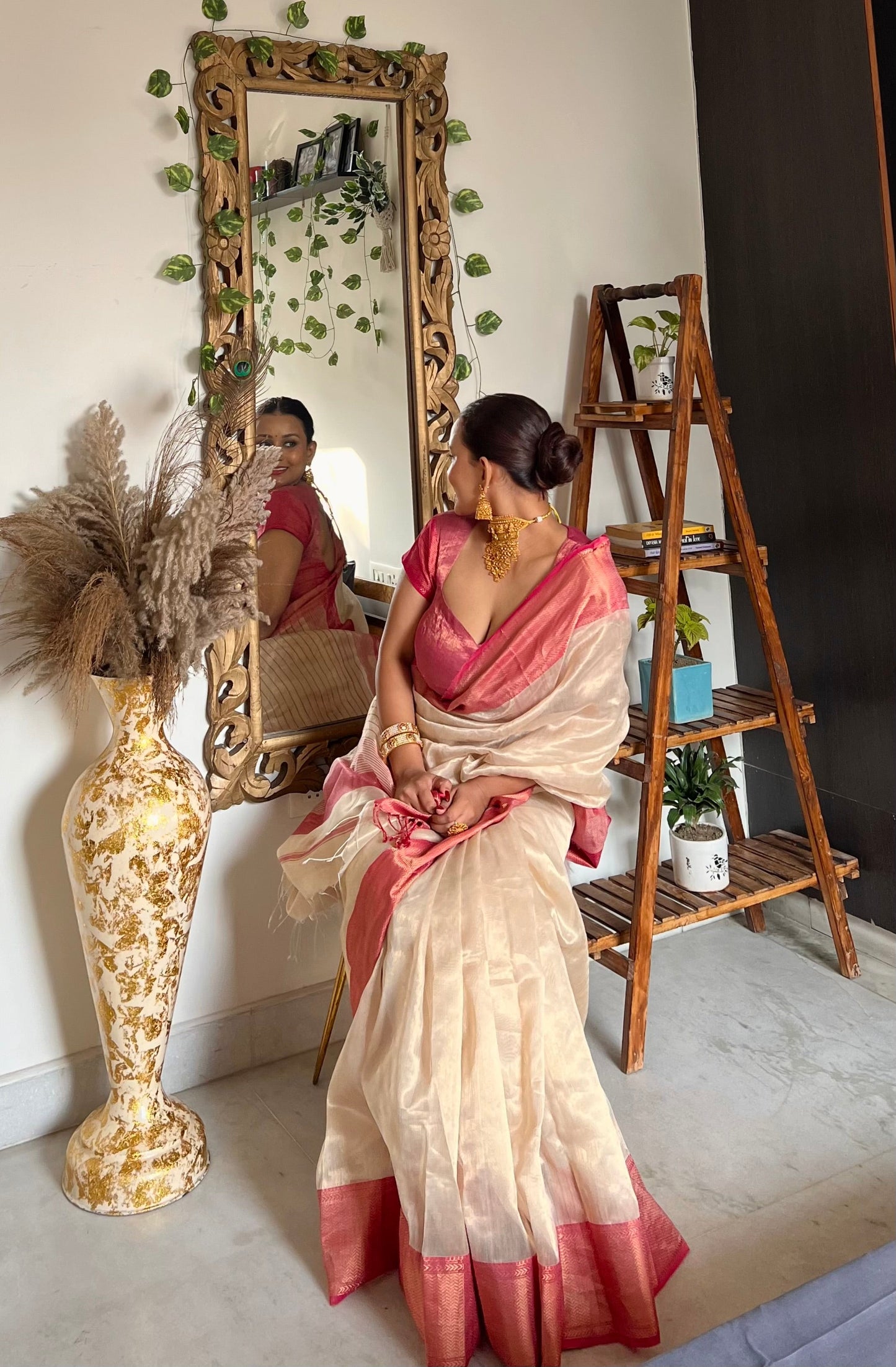 Champagne gold and pink maheshwari tissue silk saree