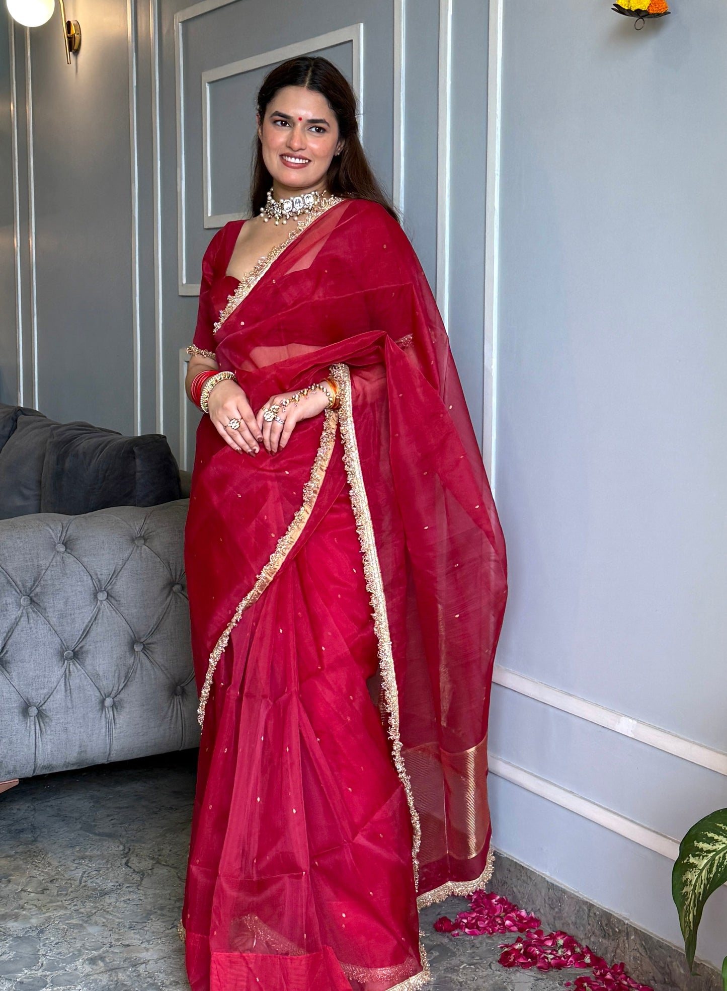 Dark rose chanderi silk saree with zari bootis all over
