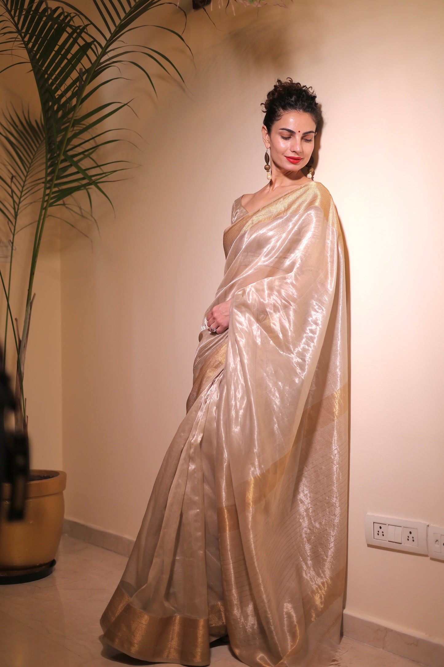 Champagne maheshwari tissue silk saree
