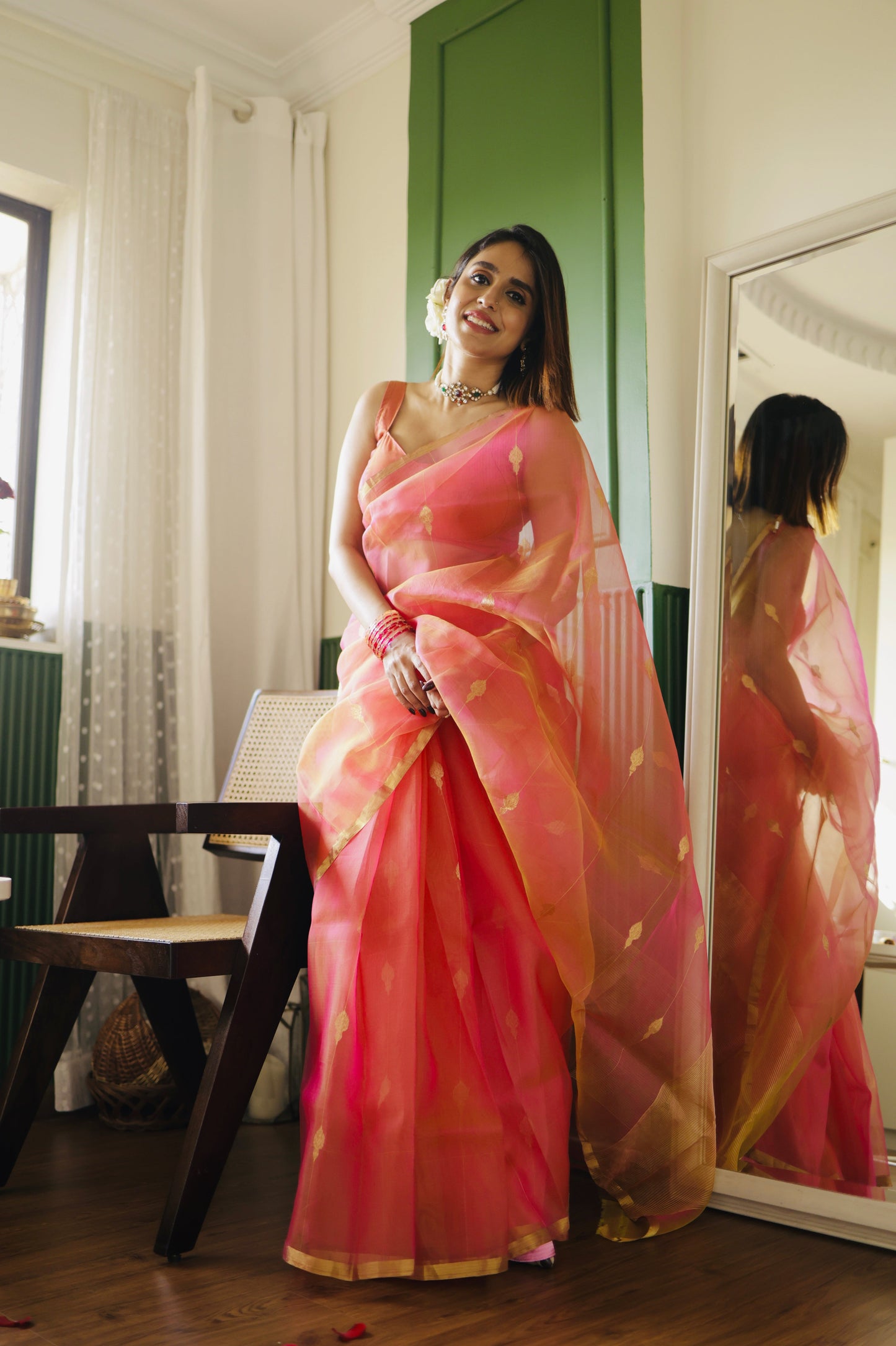 Coral pink dual tone Chanderi organza silk saree with jhumka motifs all over