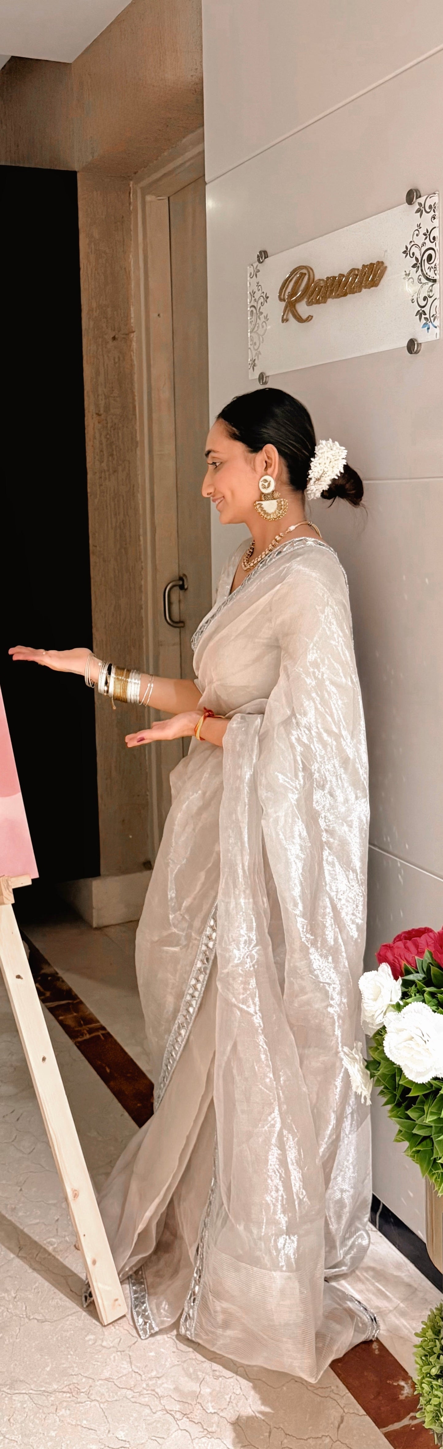 Molten silver and gold chanderi tissue silk saree with mirror work border