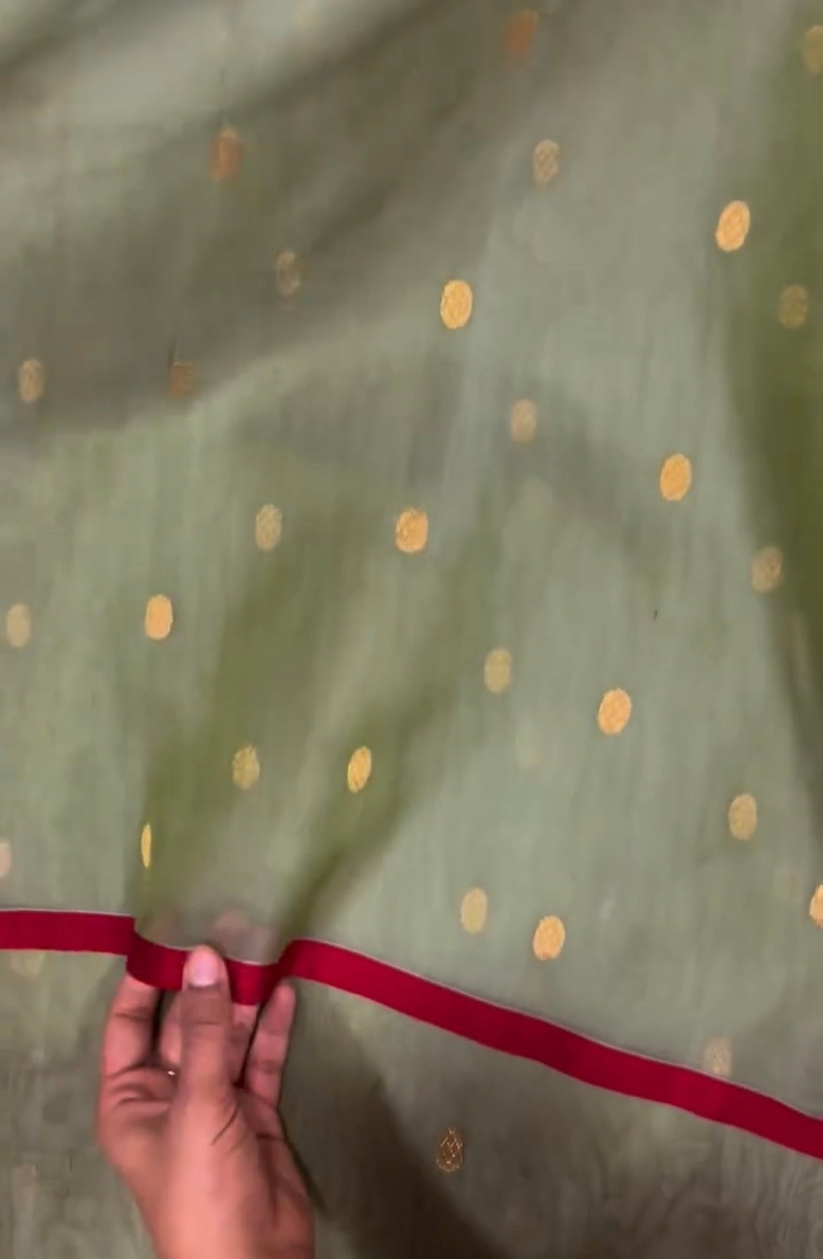 Olive gold &red Chanderi silk saree with zari bootis all over