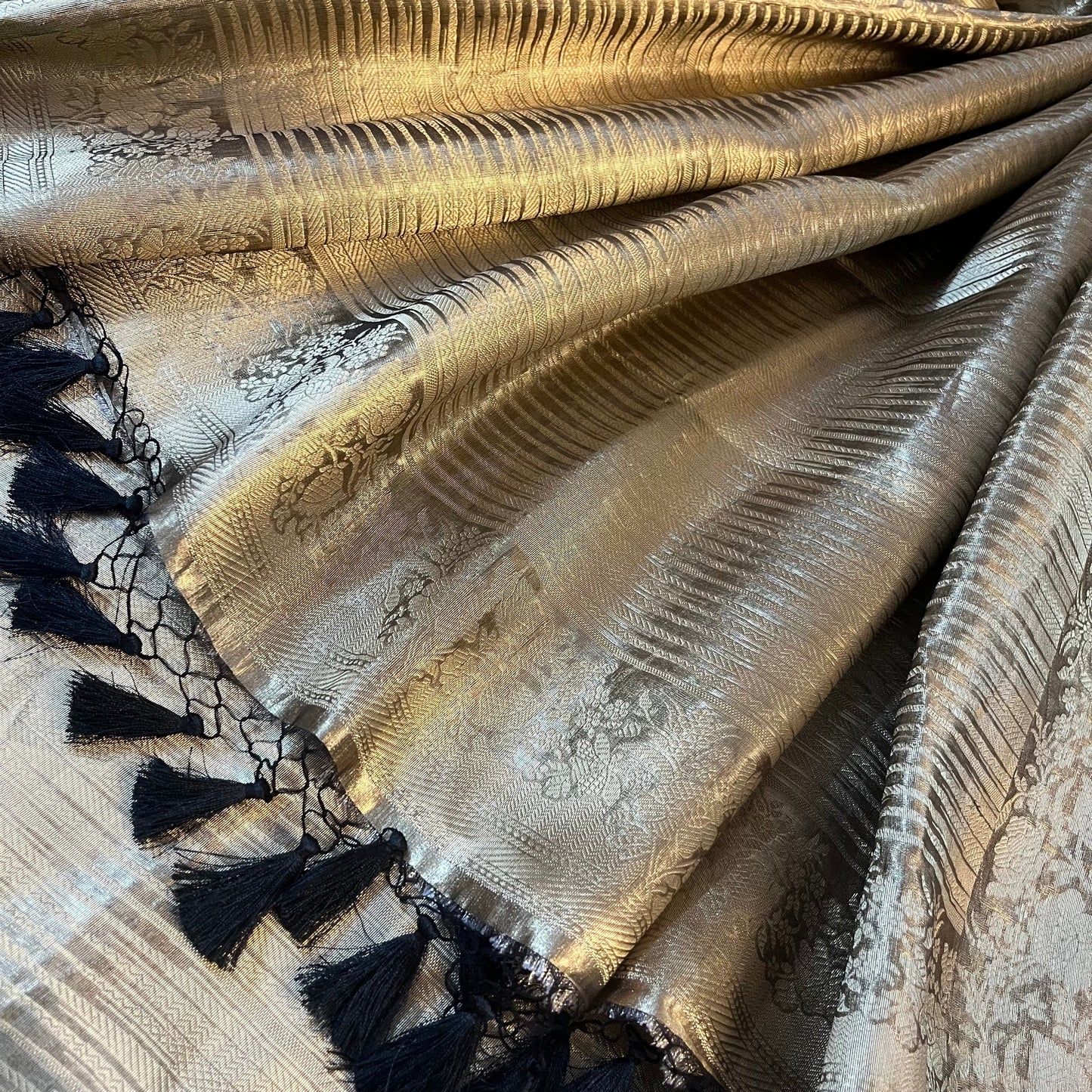 Antique gold Banarasi brocade silk saree with zari pattern all over