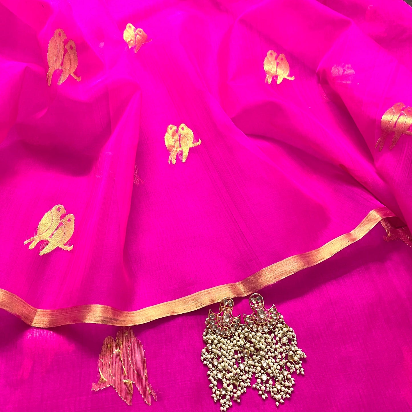 Pink chanderi organza silk saree with bird motifs all over
