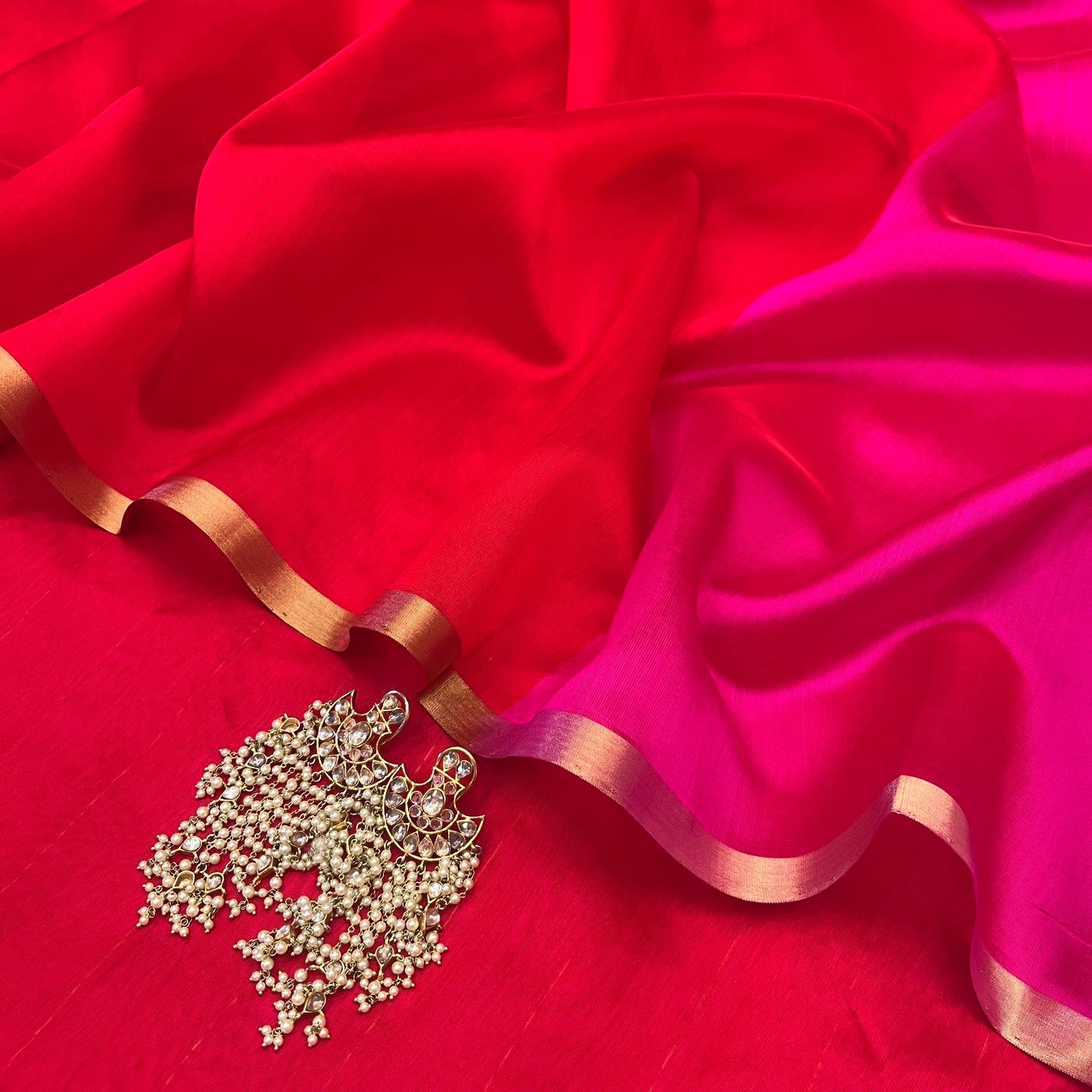 Chili Red and pink Chanderi silk saree with tassels on pallu