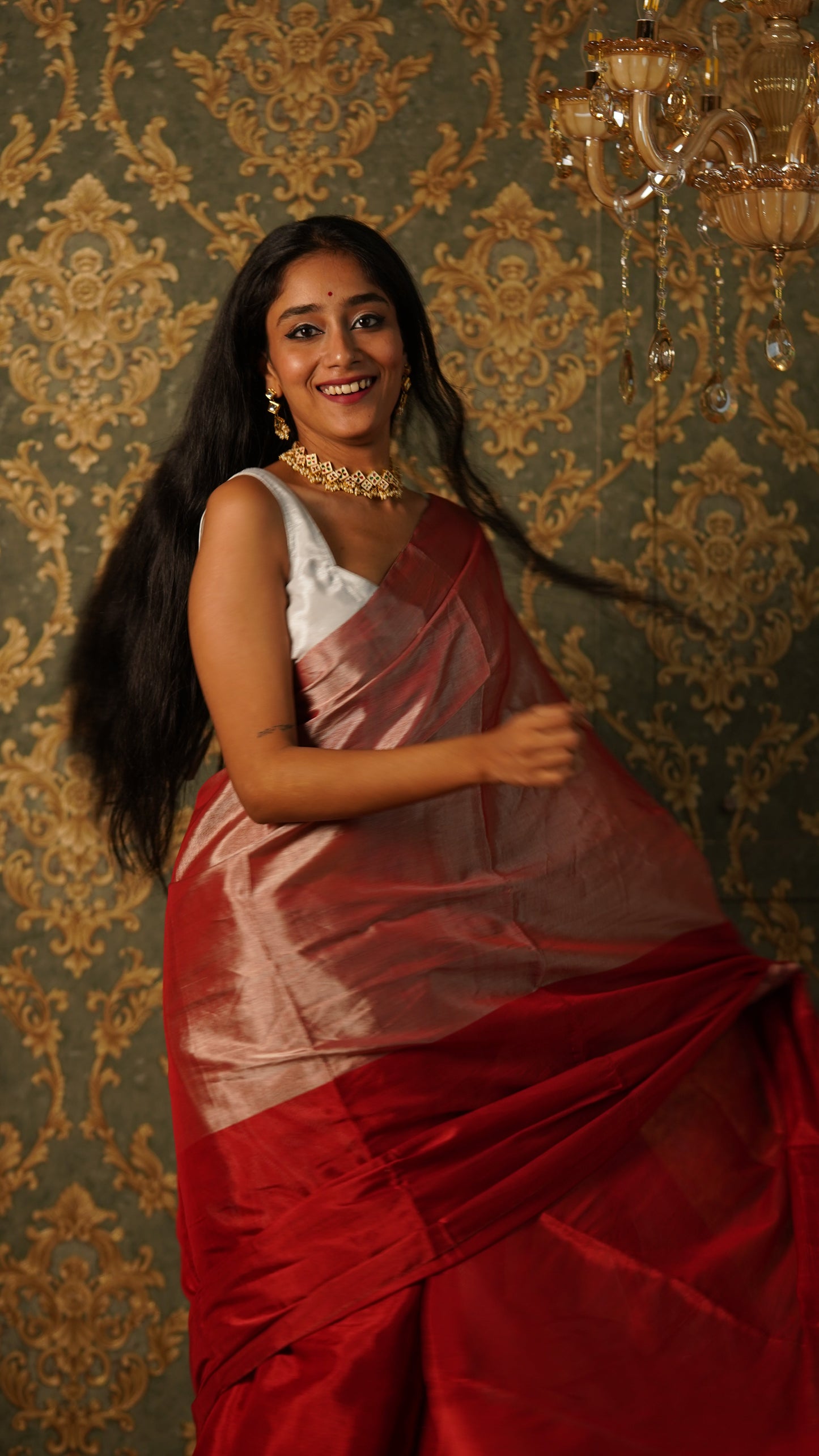 Silver and red chanderi tissue silk saree