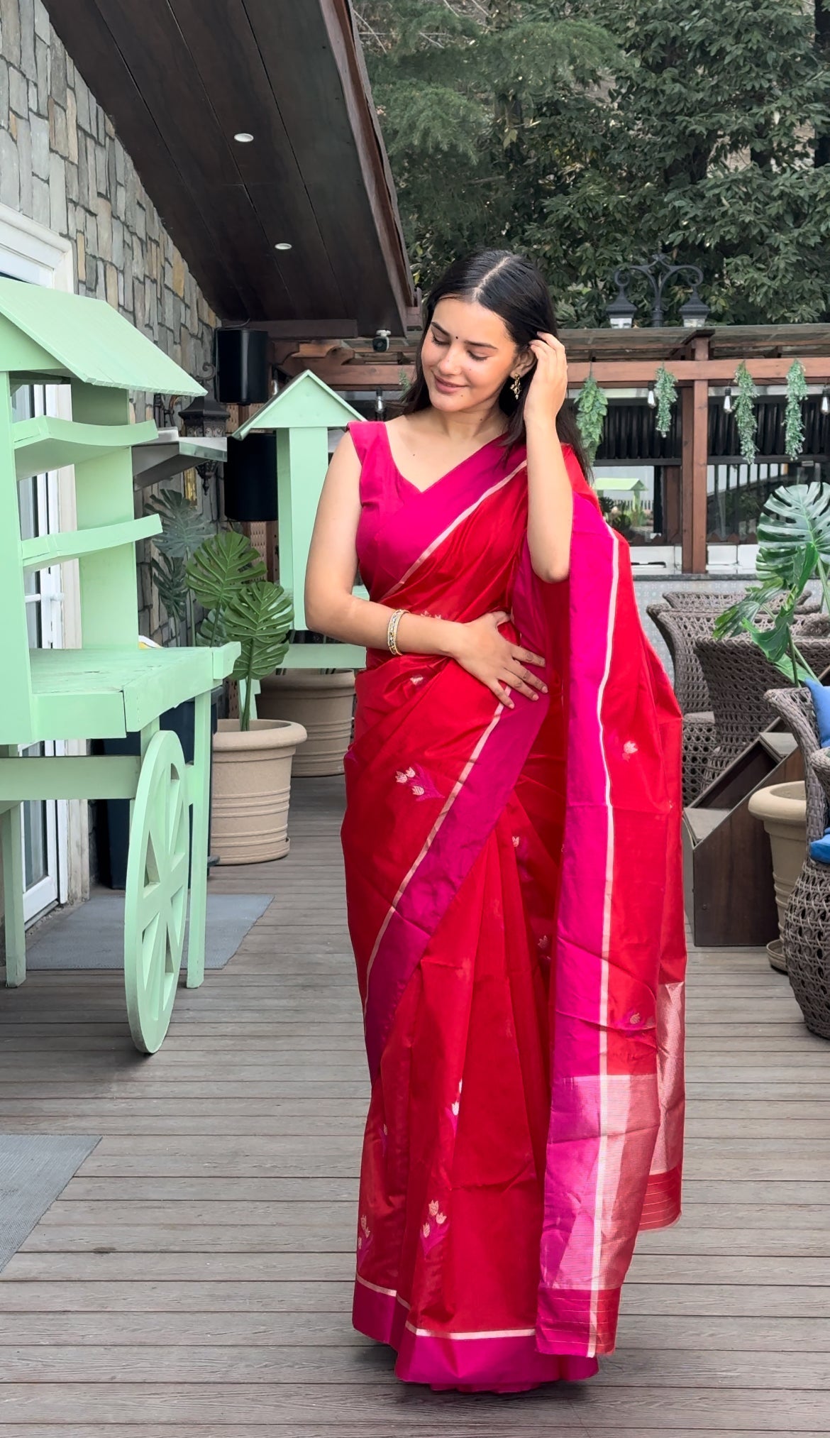 Red and pink chanderi saree with flower motifs all over