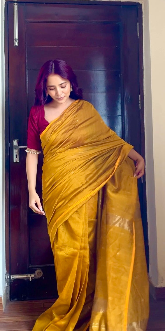Gold mustard maheshwari saree with zari bootis all over