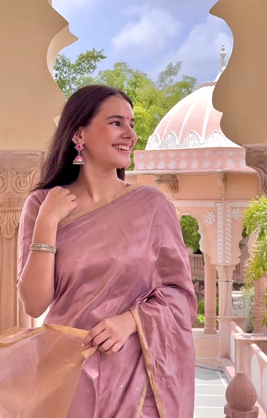 Dusty pink chanderi silk saree with zari bootis all over