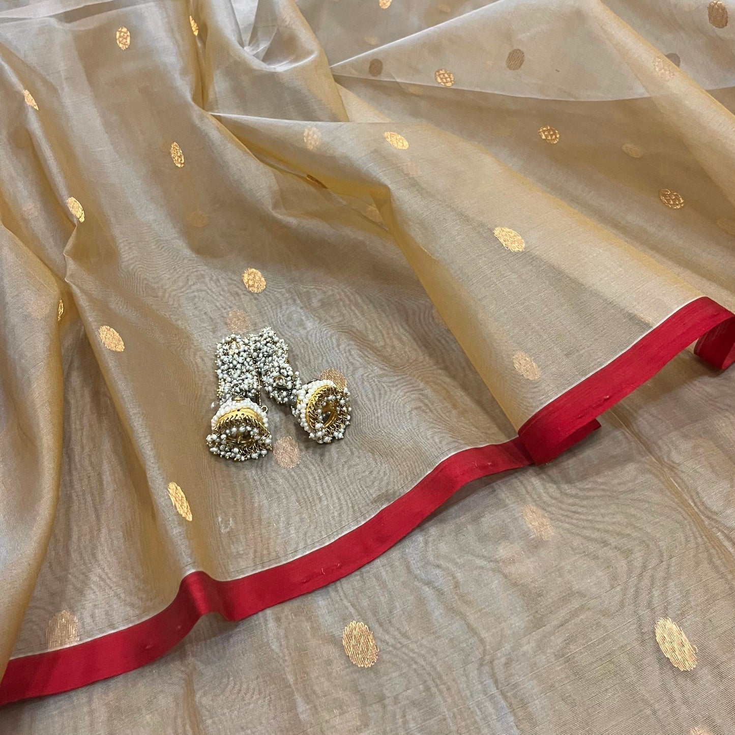 Beige gold and red Chanderi silk saree with zari bootis all over
